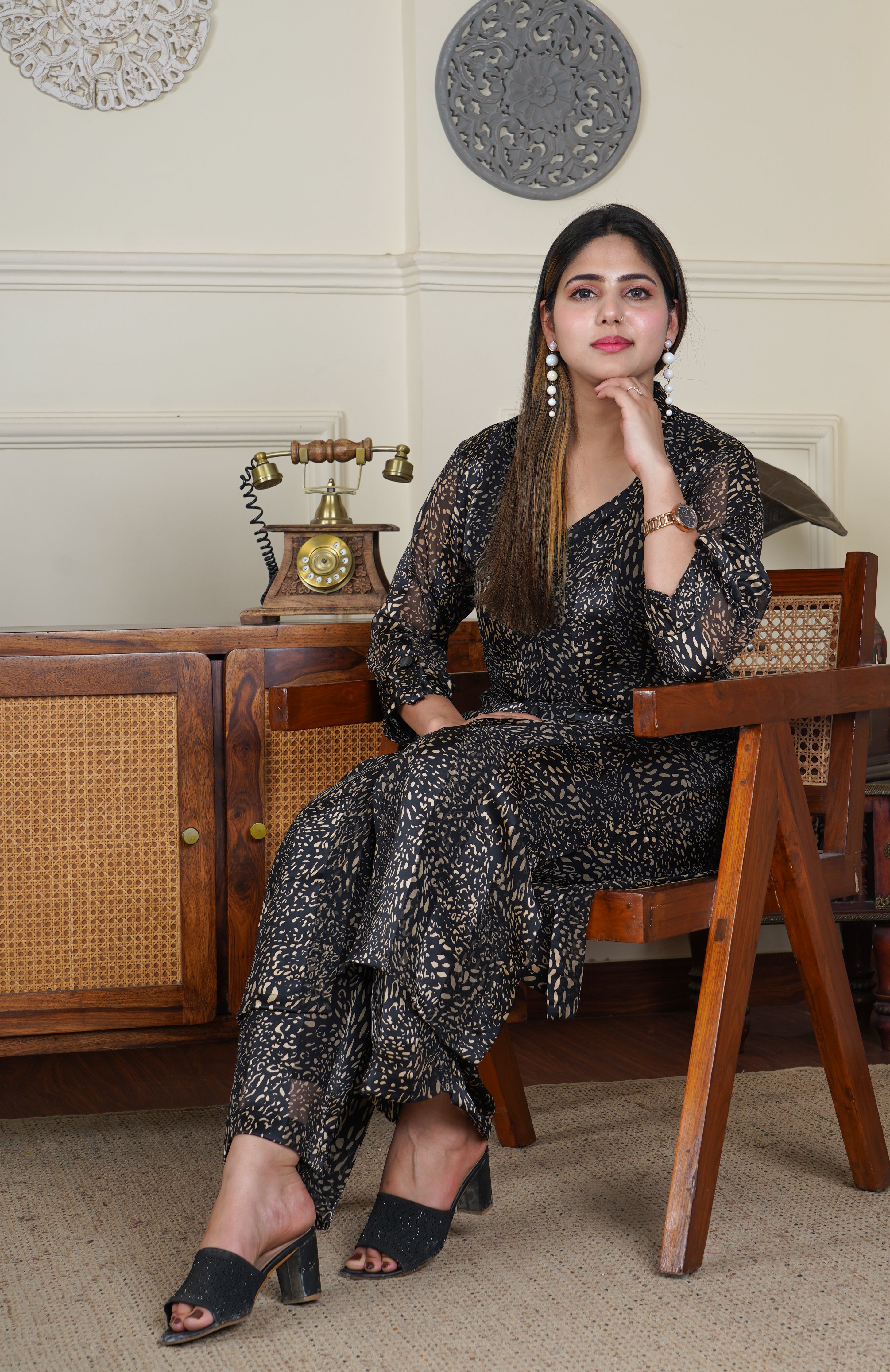 Satin Georgette Black and Gold Foil Print 2 Piece Co-ord Set