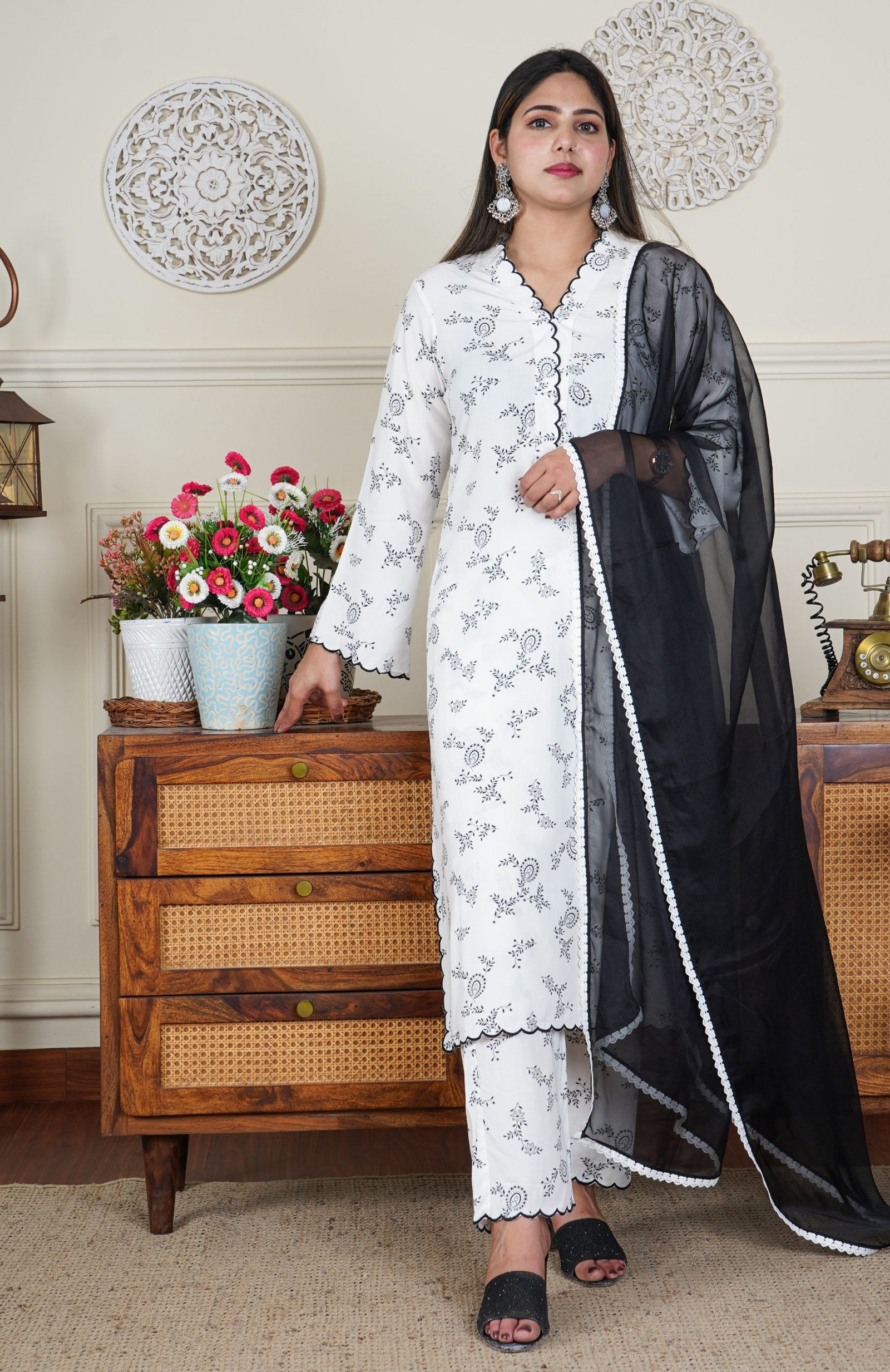 Embroidered White Lawn Suit with Scalloped Neckline and Hem