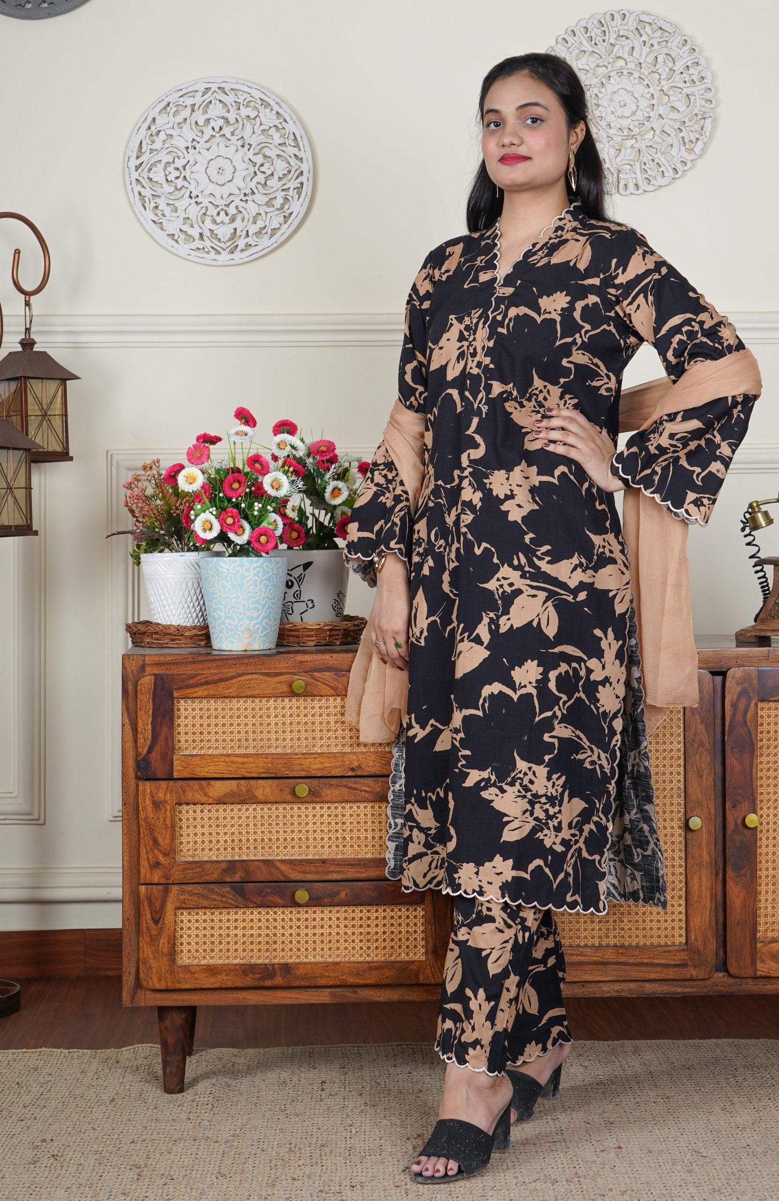 Embroidered Black Cotton suit with Scalloped Neckline and Hem