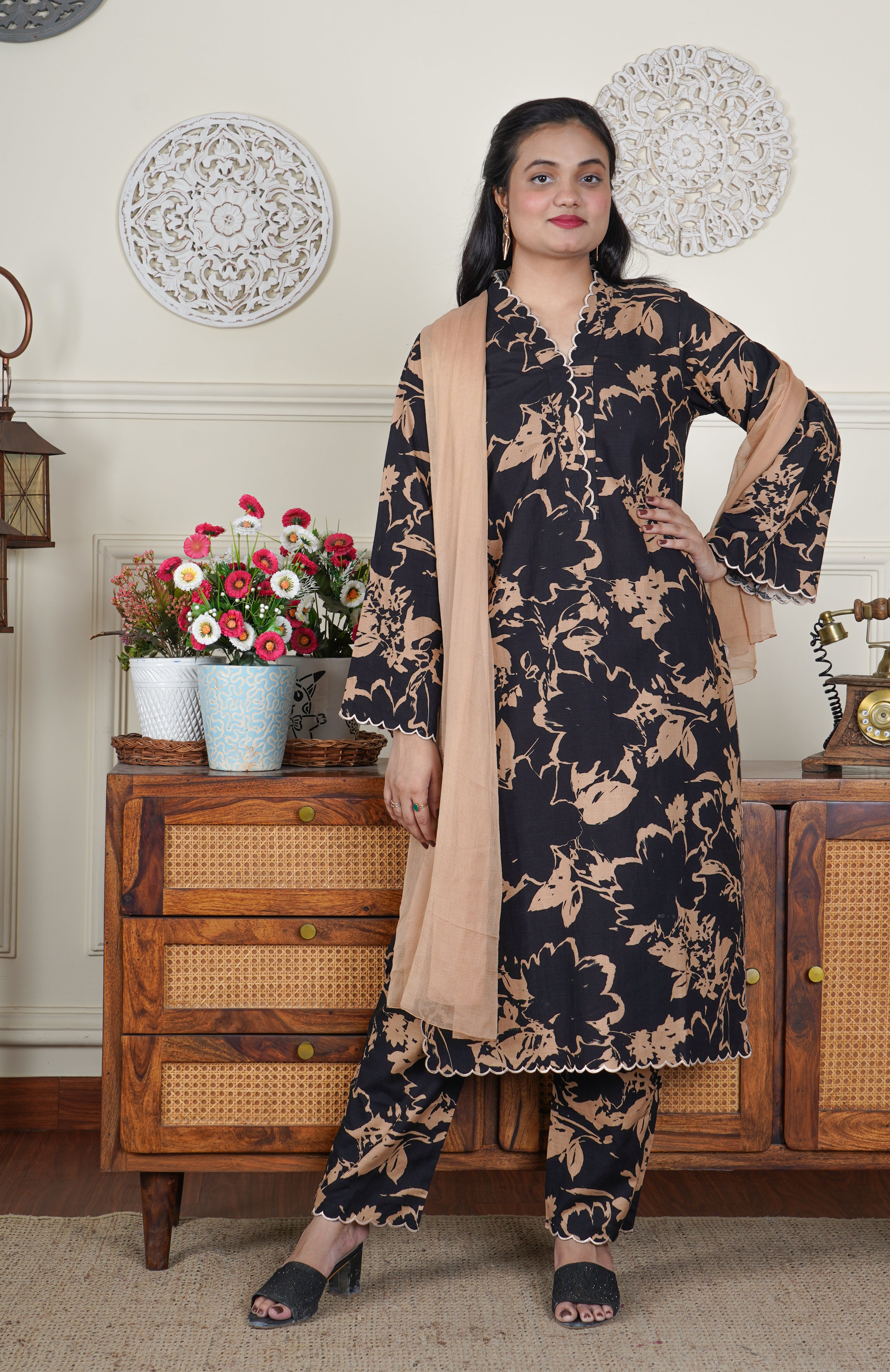 Embroidered Black Cotton suit with Scalloped Neckline and Hem