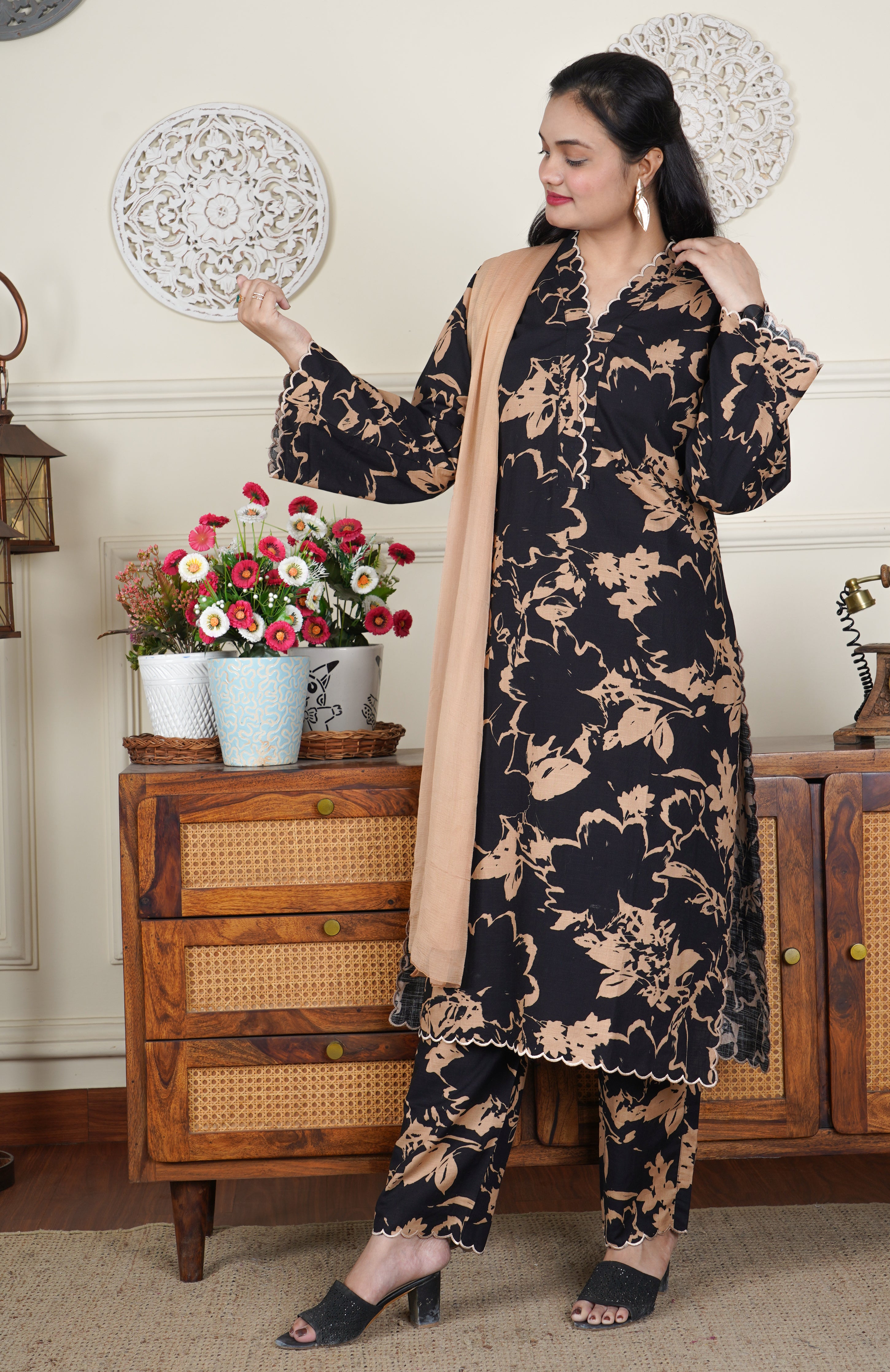 Embroidered Black Cotton suit with Scalloped Neckline and Hem