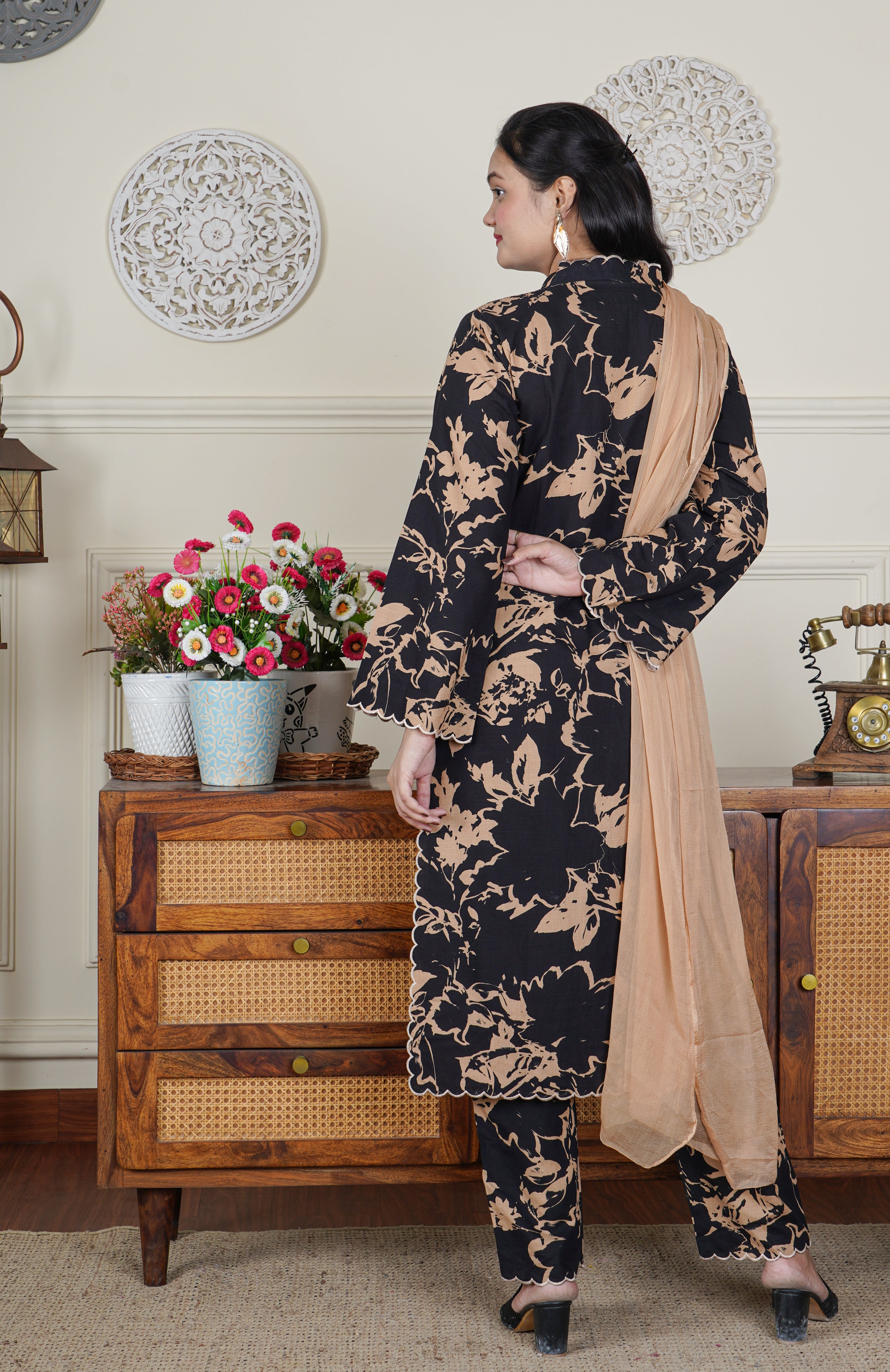 Embroidered Black Cotton suit with Scalloped Neckline and Hem