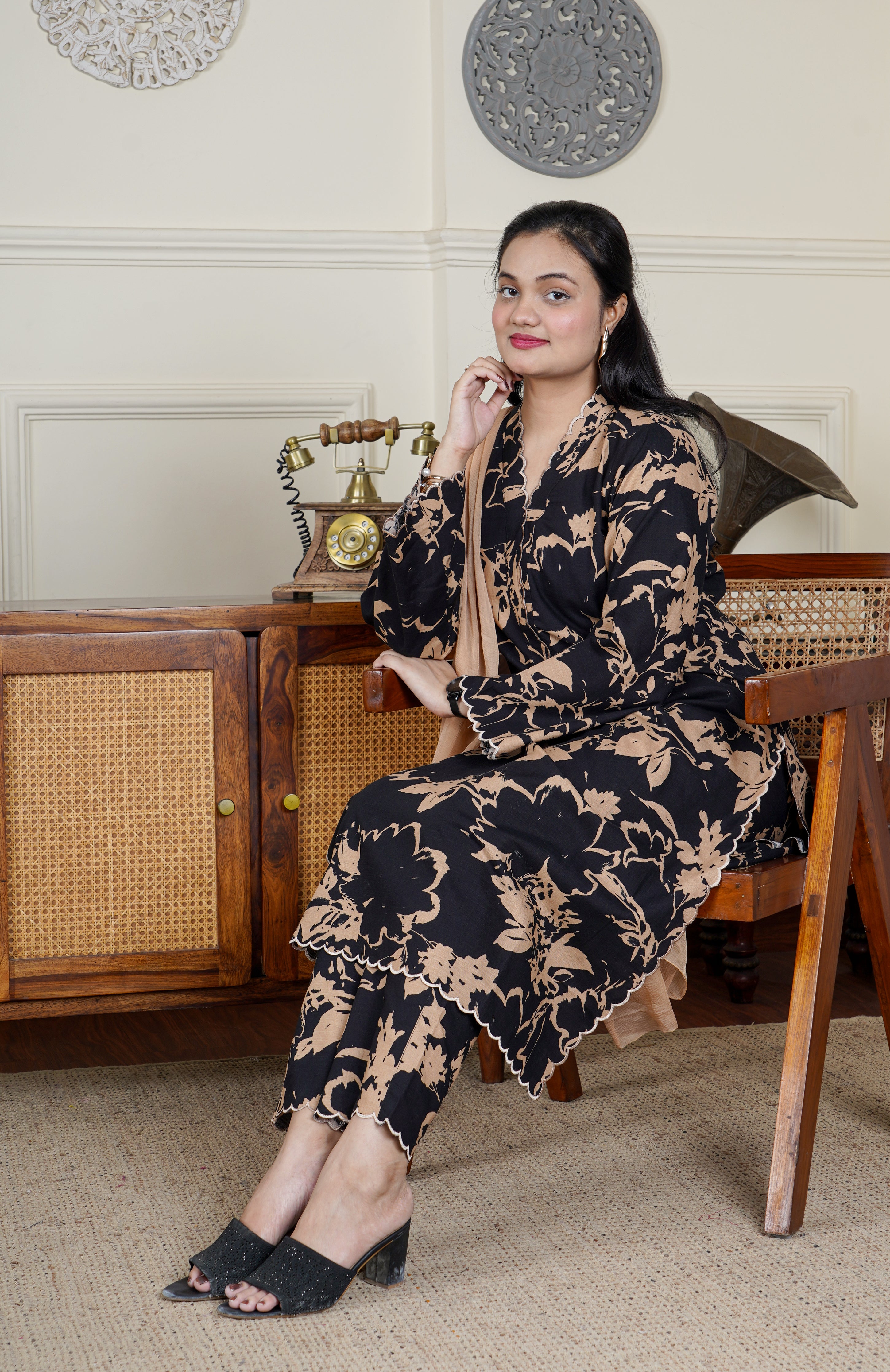 Embroidered Black Cotton suit with Scalloped Neckline and Hem