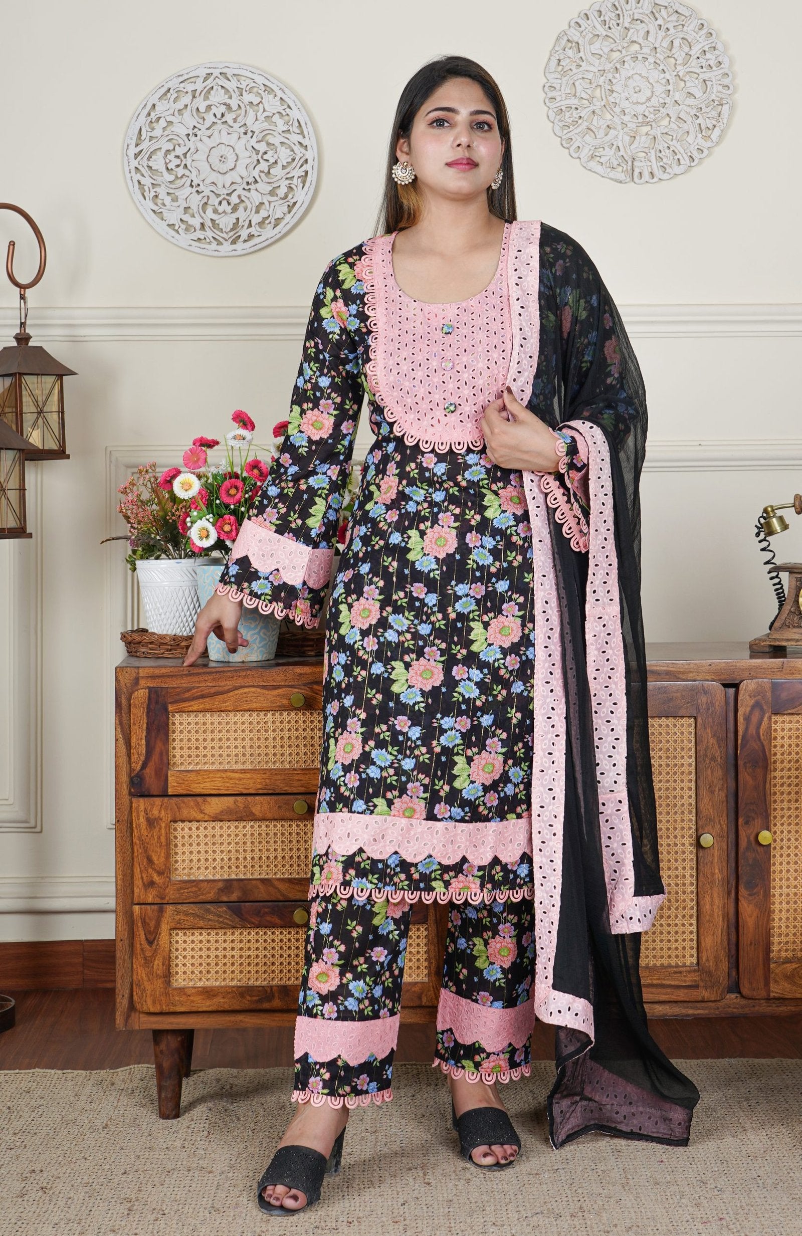 Lawn Cotton Black Floral Designer 3 Piece Dress