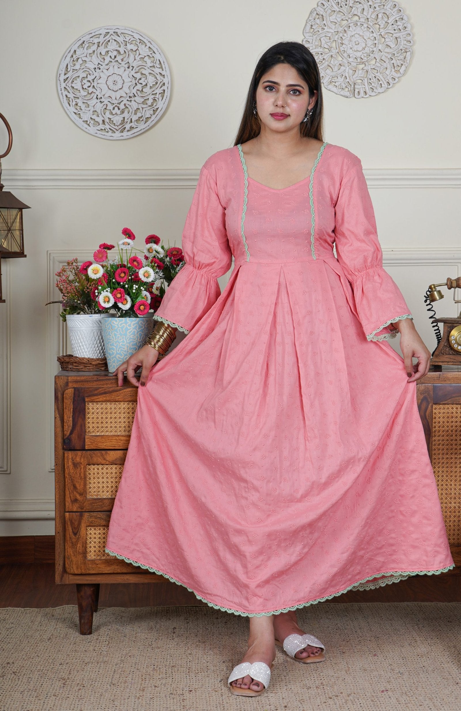 Hakooba Cotton Pink Pleated Tunic 1 Piece Dress