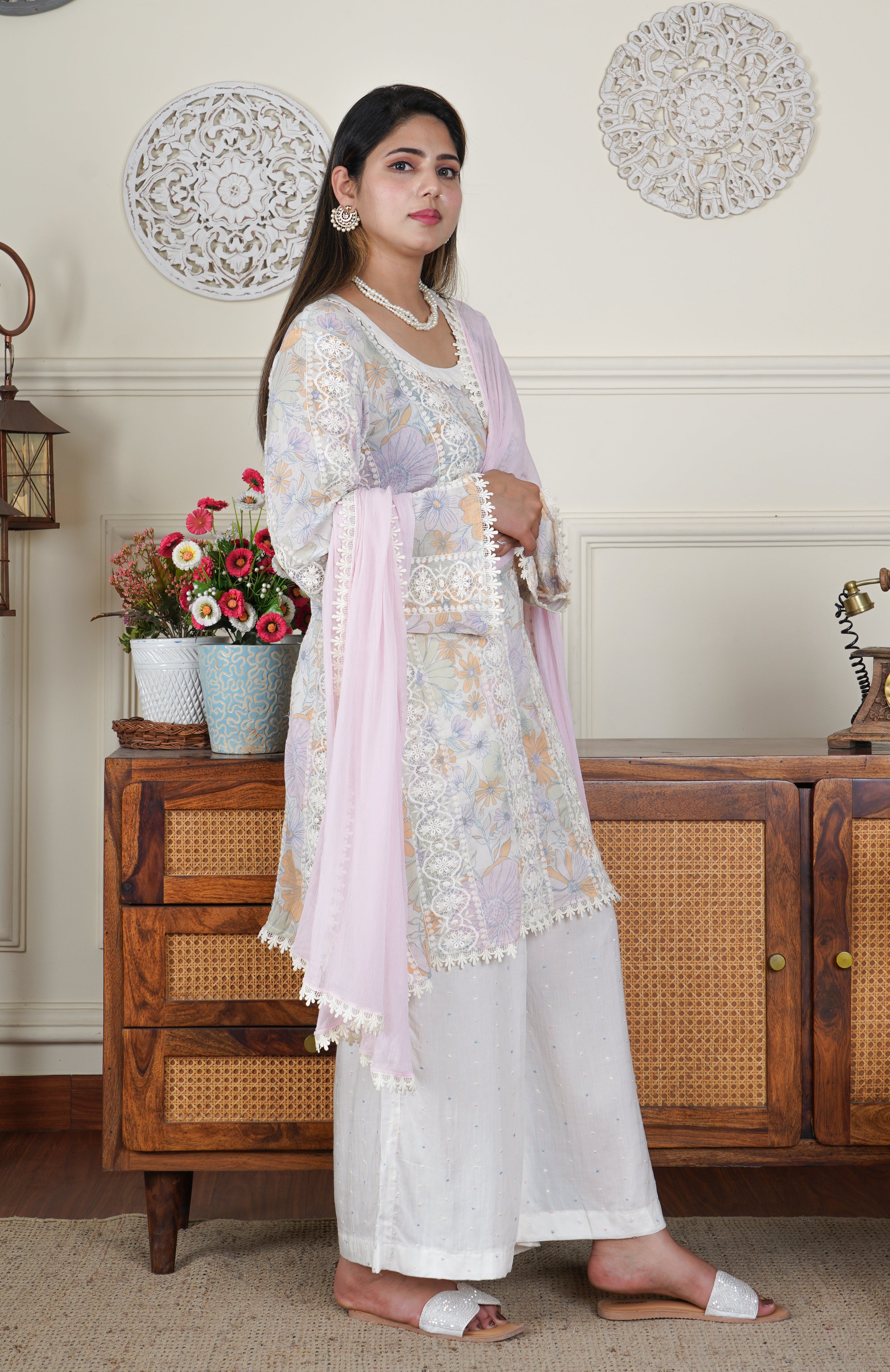 Ivory Floral printed 3 piece dress