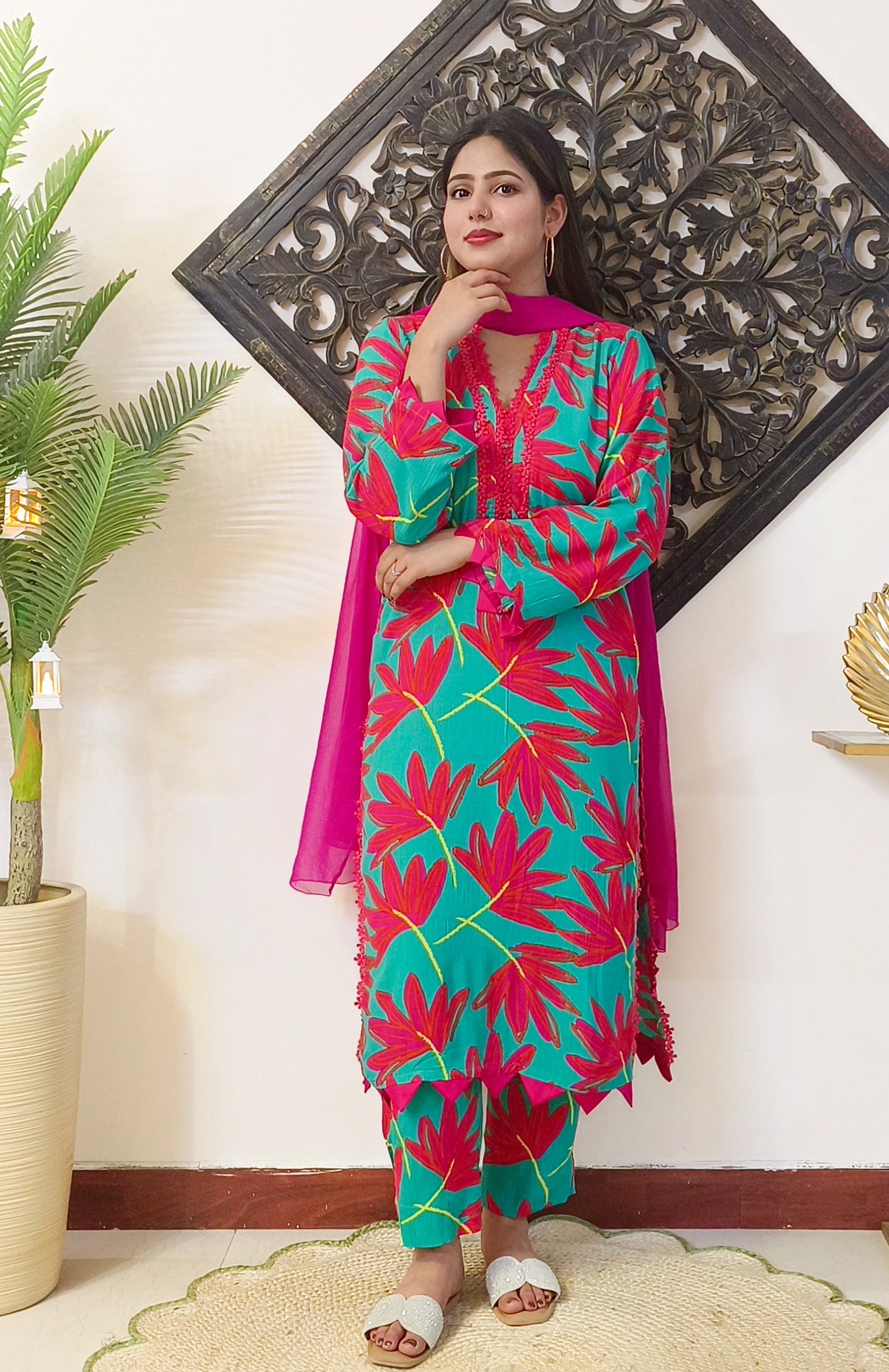 Floral Printed Crinkle Cotton 3 Piece Dress