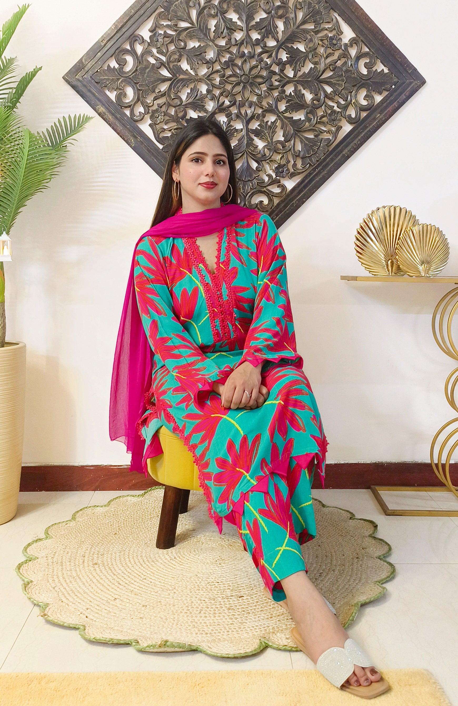 Floral Printed Crinkle Cotton 3 Piece Dress