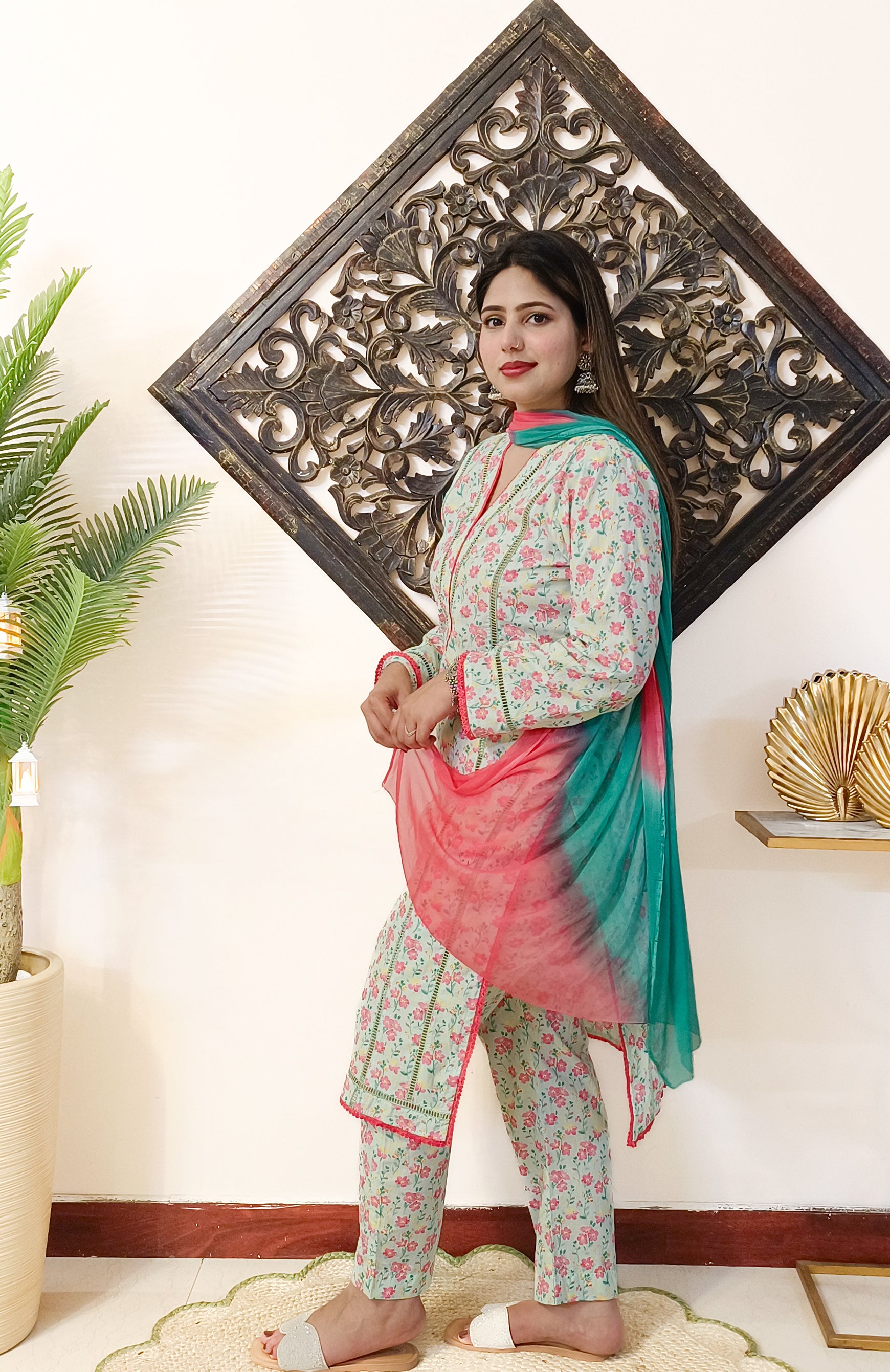 Mint Green Printed Pure Cotton 3 Piece Dress