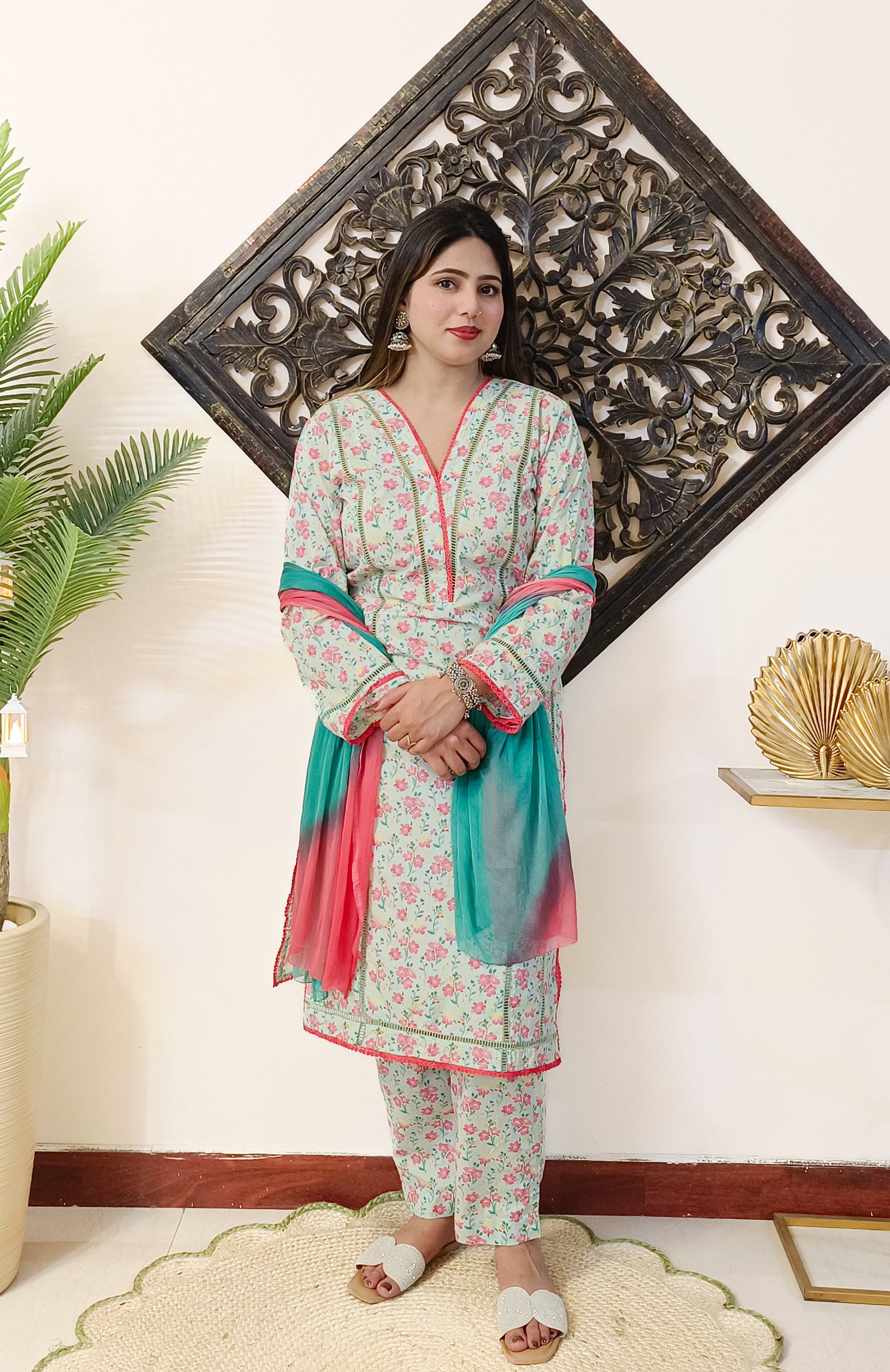 Mint Green Printed Pure Cotton 3 Piece Dress