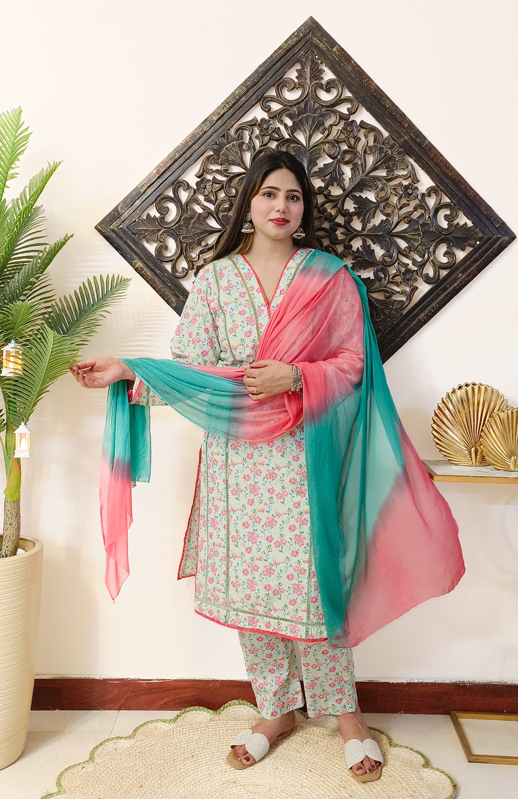 Mint Green Printed Pure Cotton 3 Piece Dress