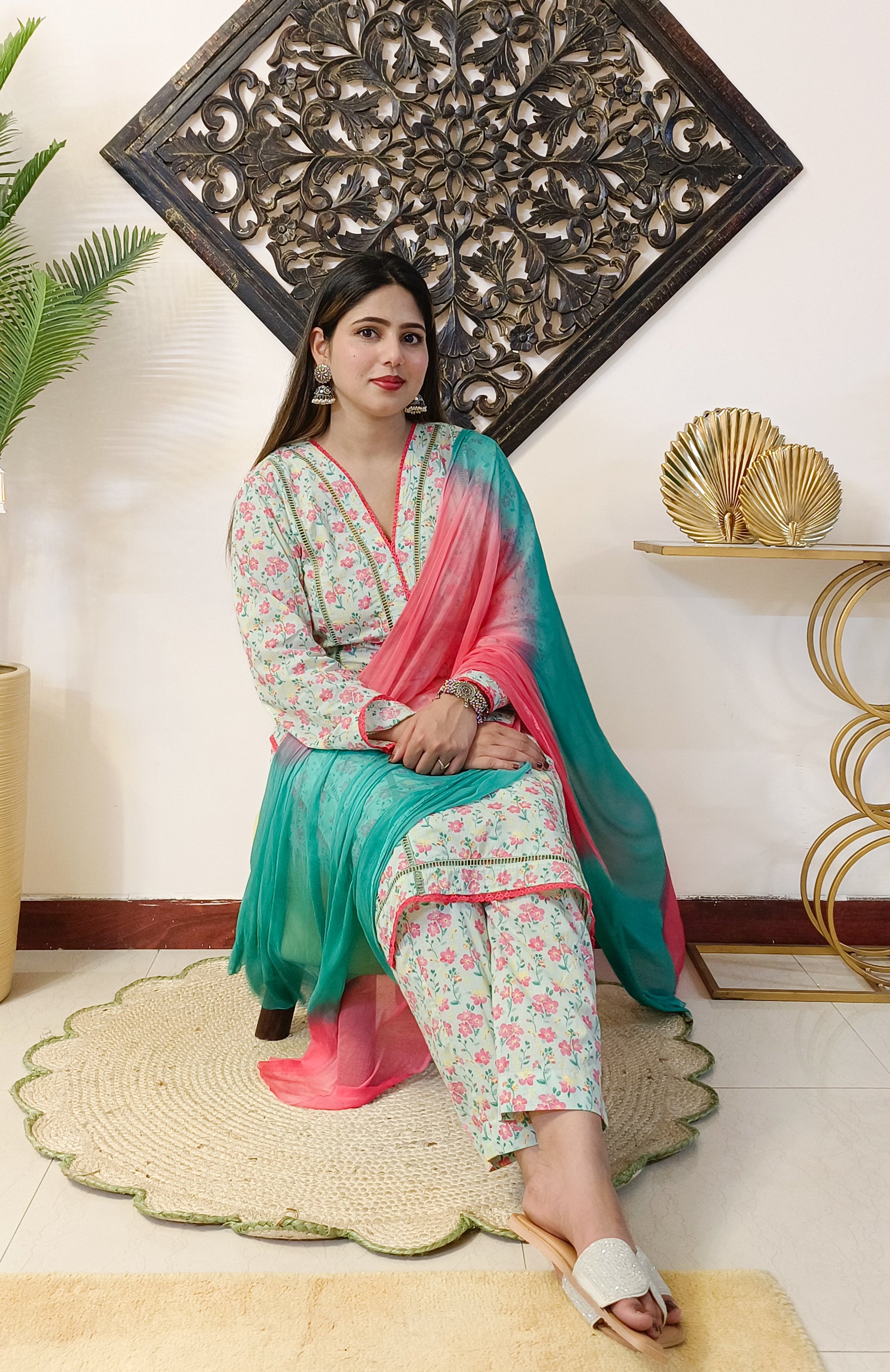 Mint Green Printed Pure Cotton 3 Piece Dress