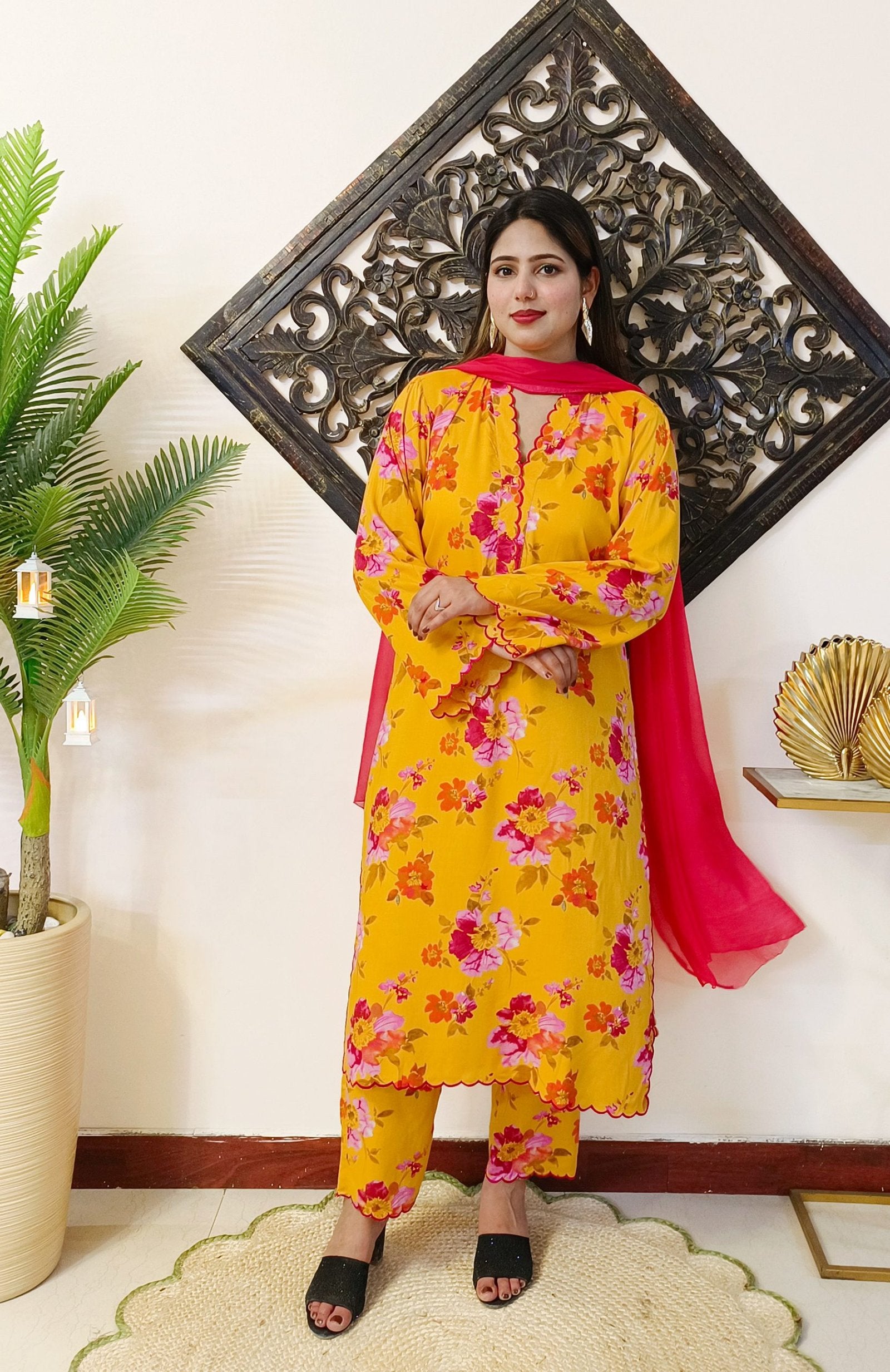Embroidered Mustard-Yellow Pure Cotton Suit with Scalloping