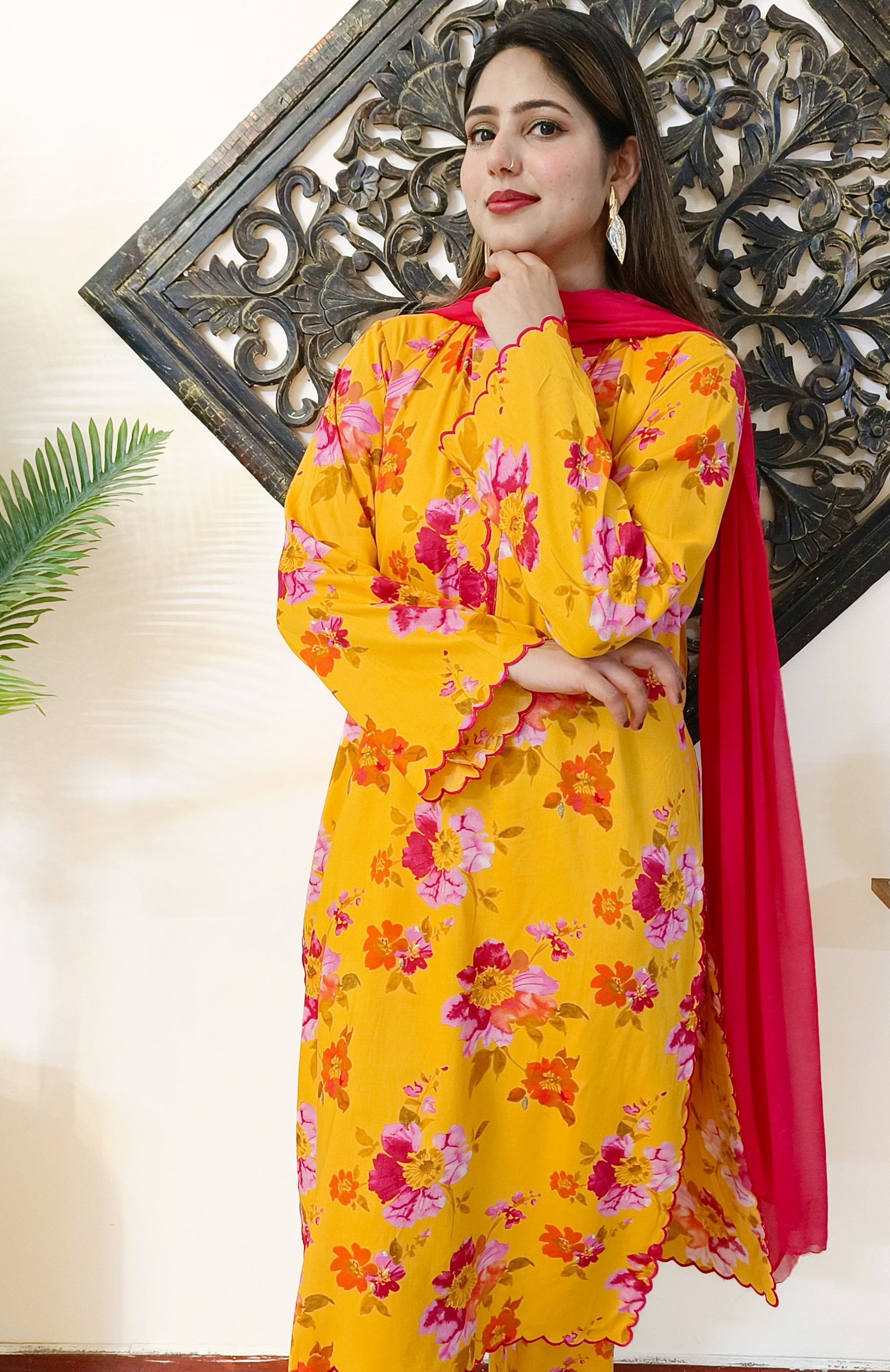 Embroidered Mustard-Yellow Pure Cotton Suit with Scalloping