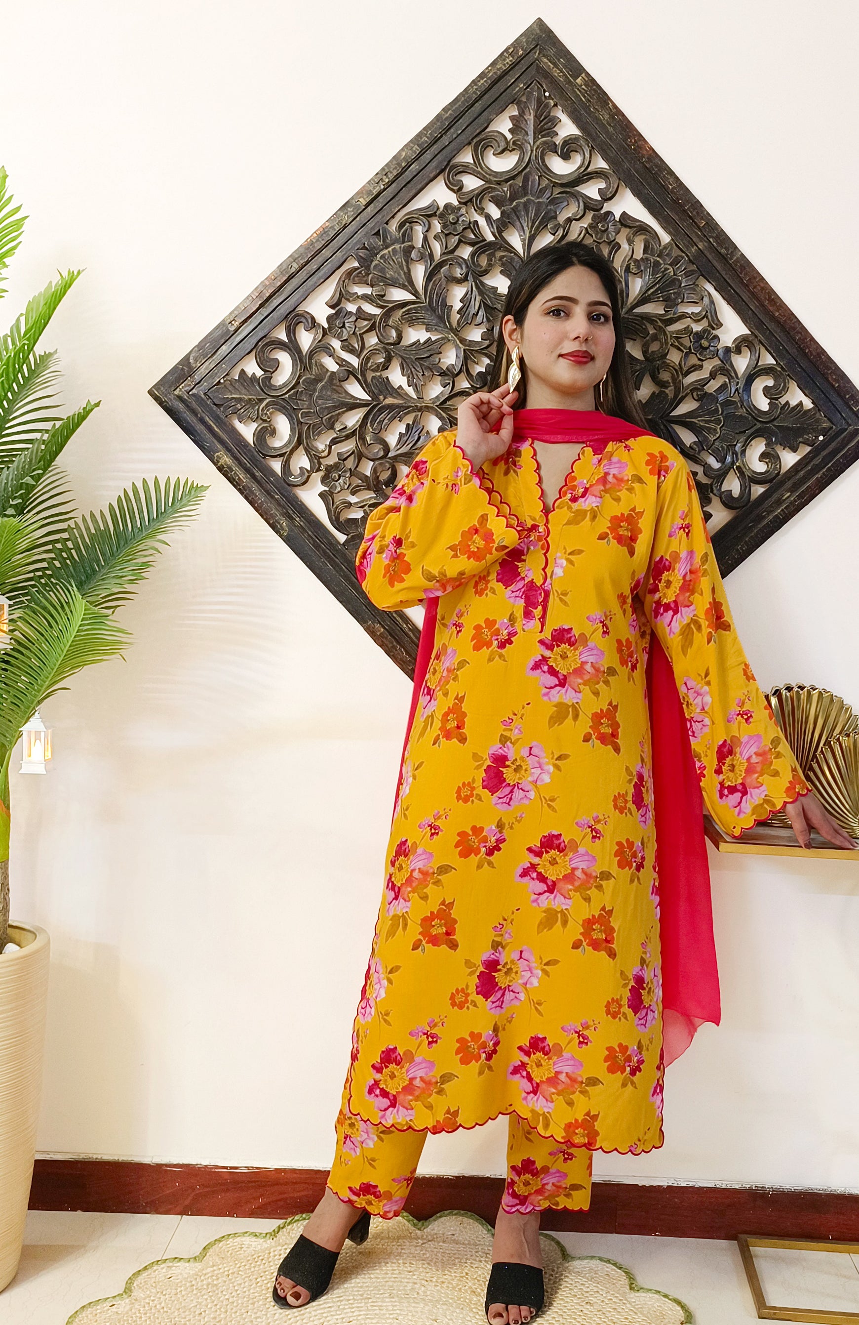 Embroidered Mustard-Yellow Pure Cotton Suit with Scalloping