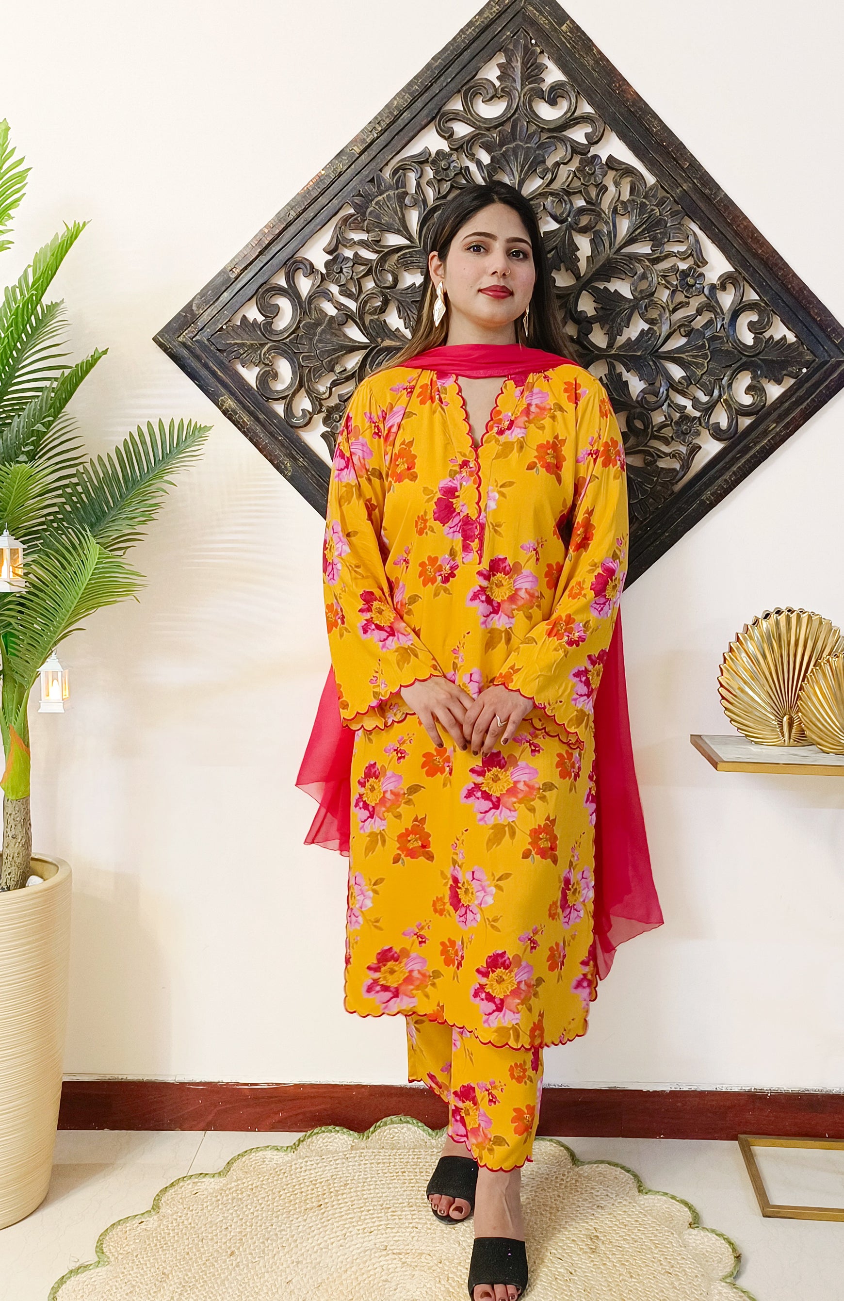 Embroidered Mustard-Yellow Pure Cotton Suit with Scalloping