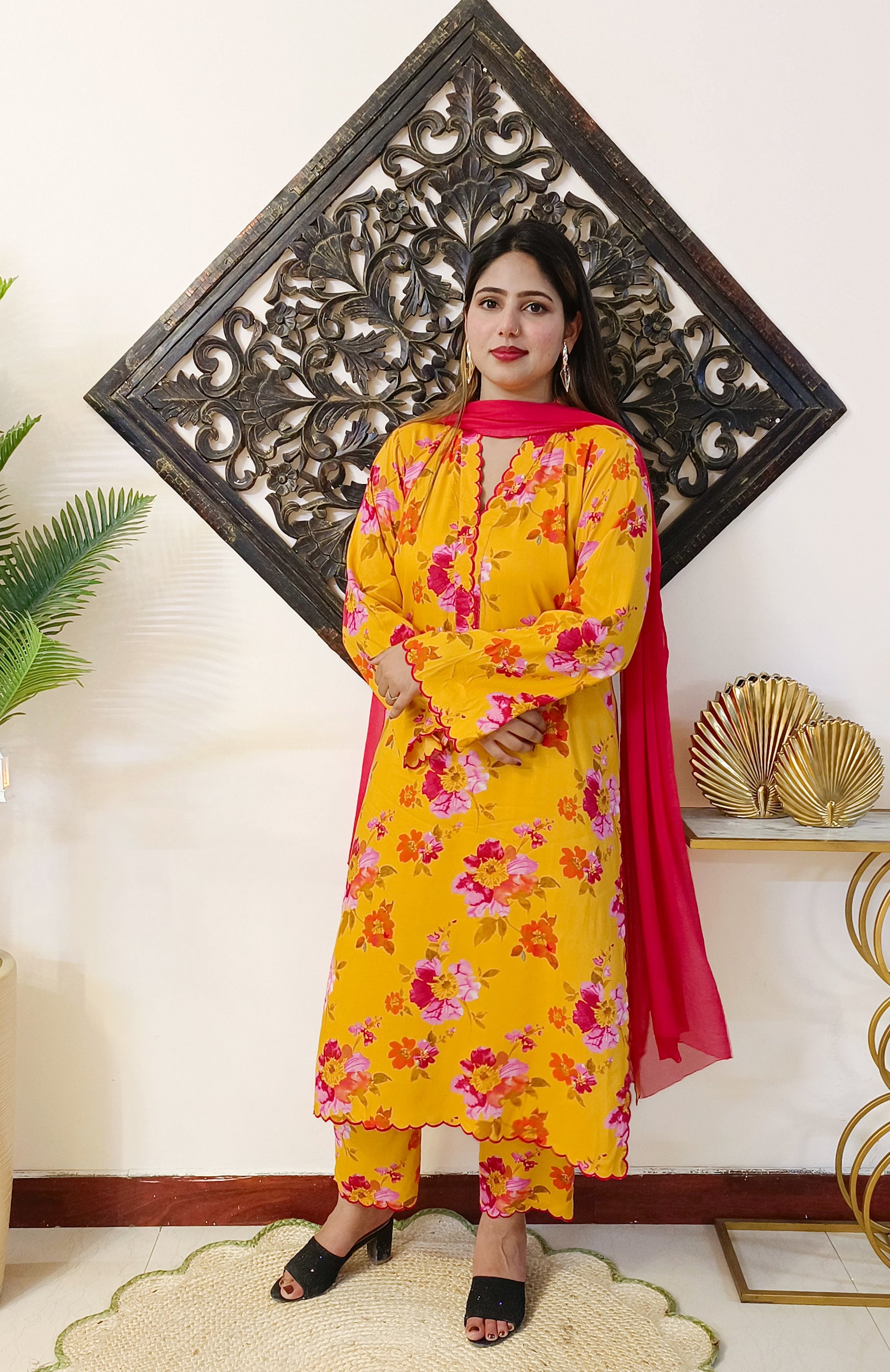 Embroidered Mustard-Yellow Pure Cotton Suit with Scalloping