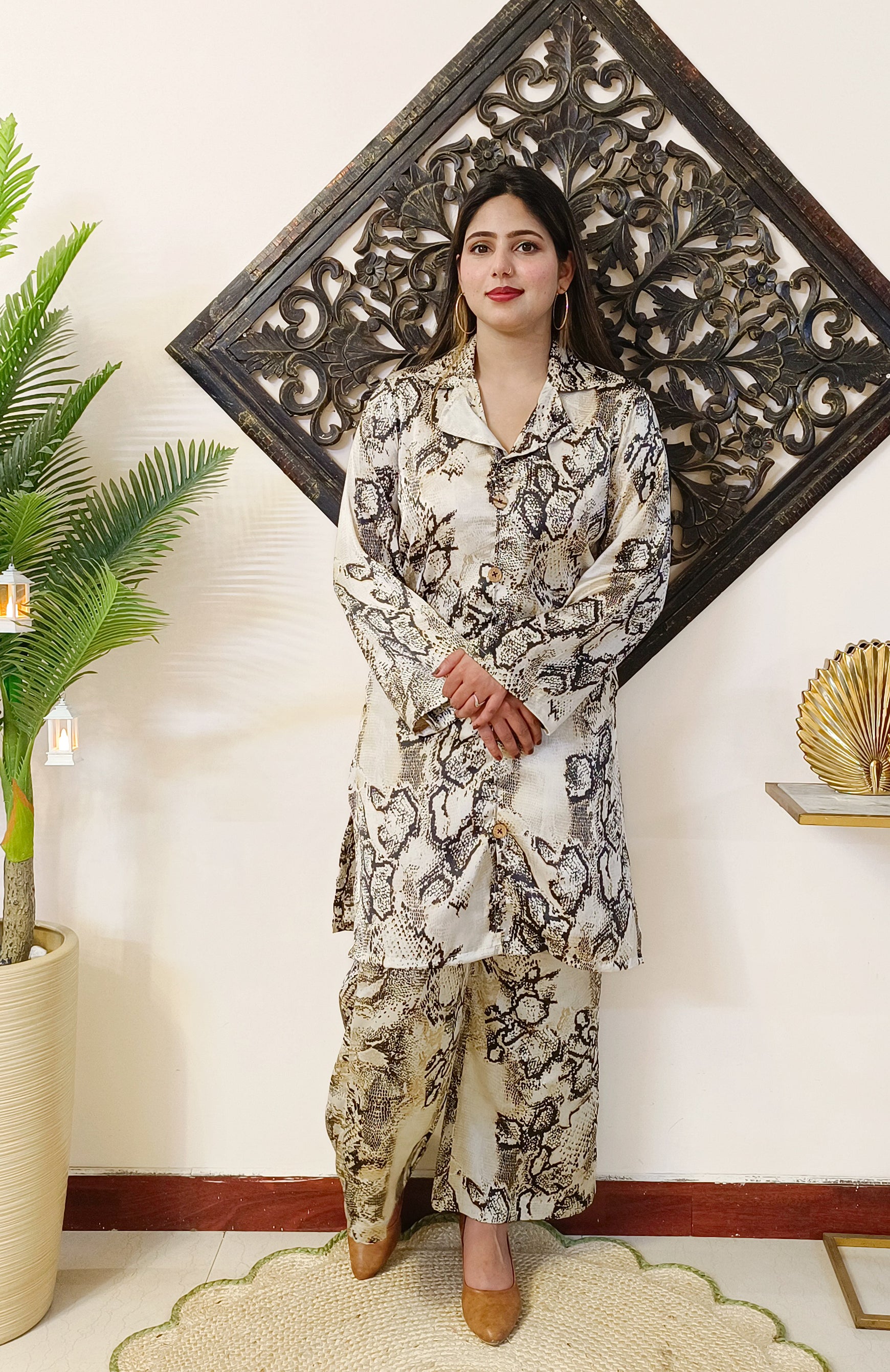 Italian Silk Animal Print Beige 2 Piece Co-ord Set