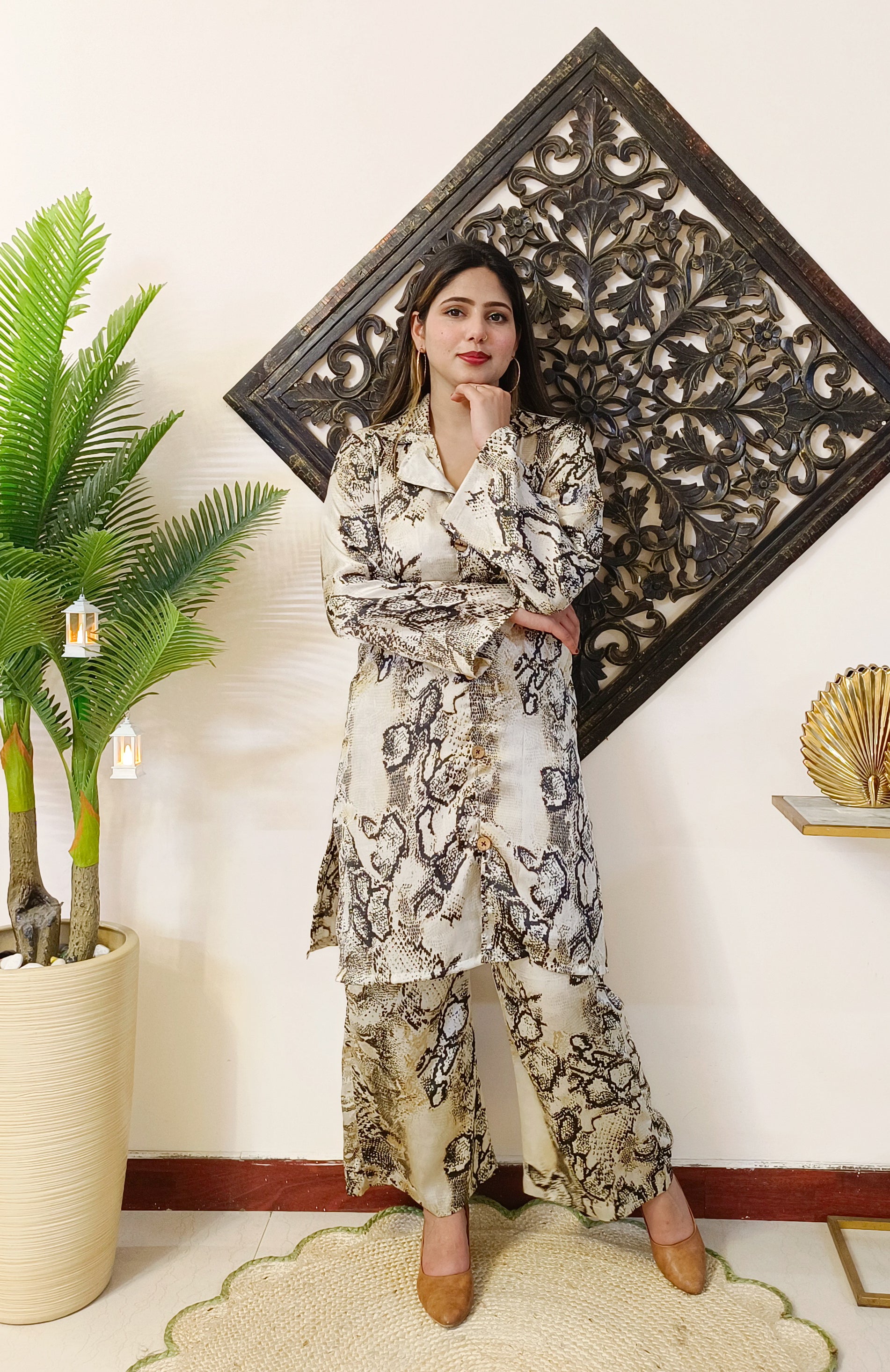Italian Silk Animal Print Beige 2 Piece Co-ord Set