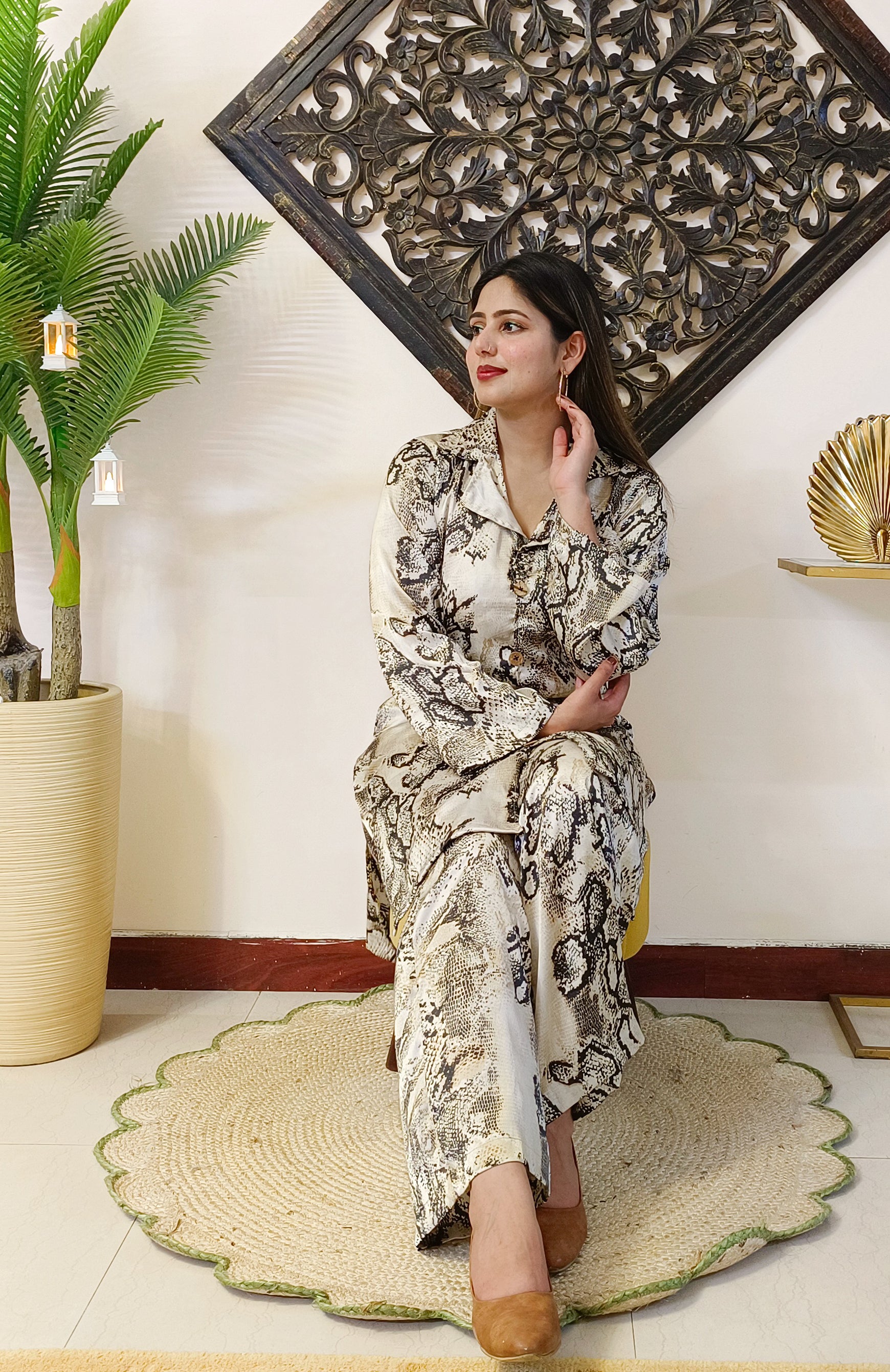 Italian Silk Animal Print Beige 2 Piece Co-ord Set