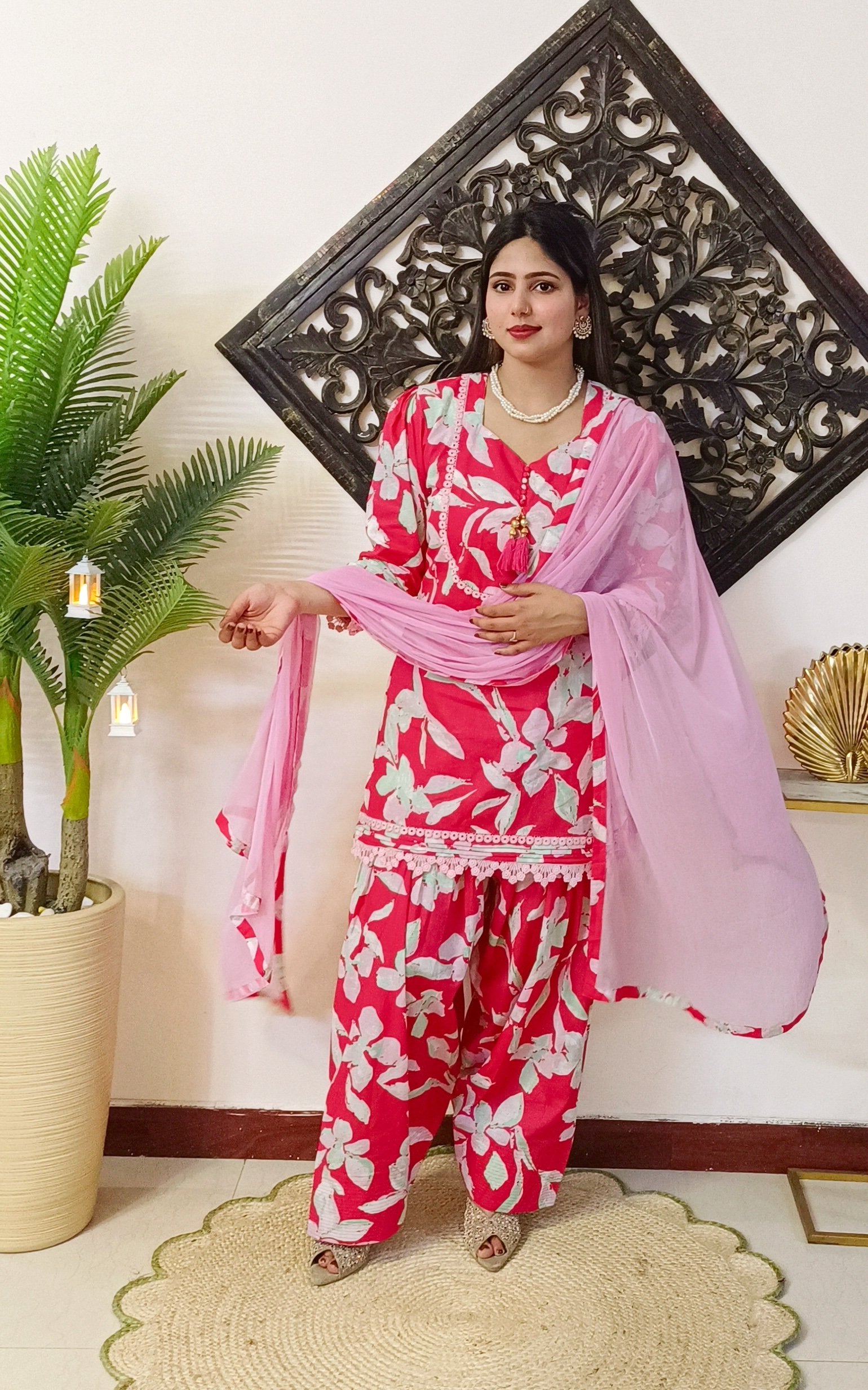 Pink Floral Lawn Cotton Farshi Salwar dress