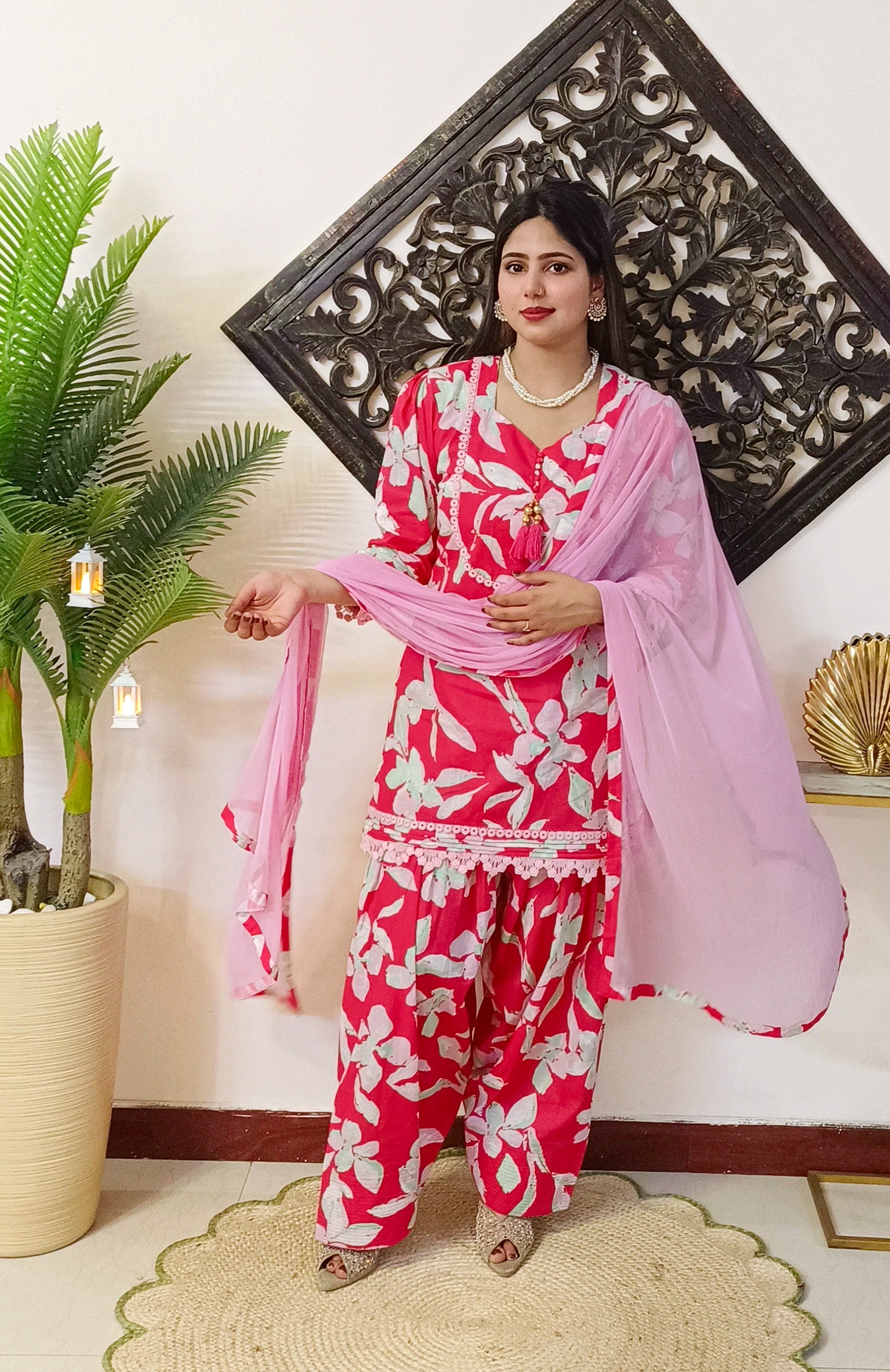 Pink Floral Lawn Cotton Farshi Salwar dress