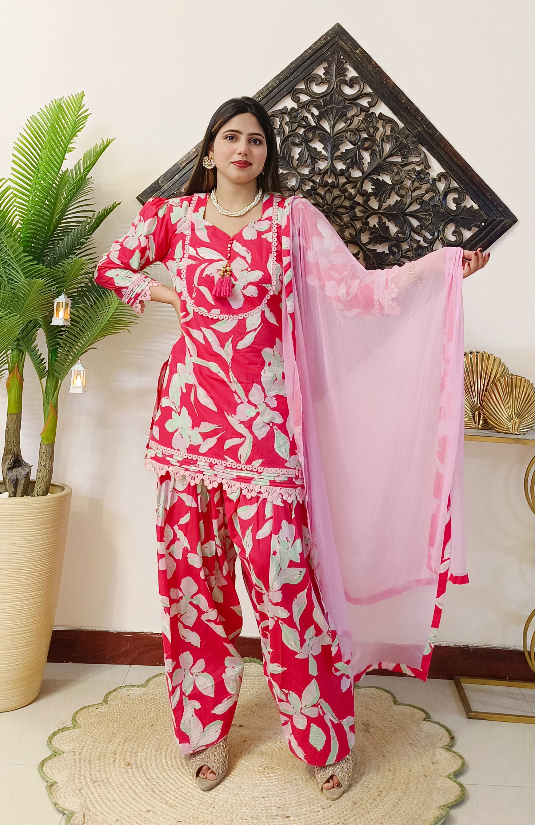 Pink Floral Lawn Cotton Farshi Salwar dress