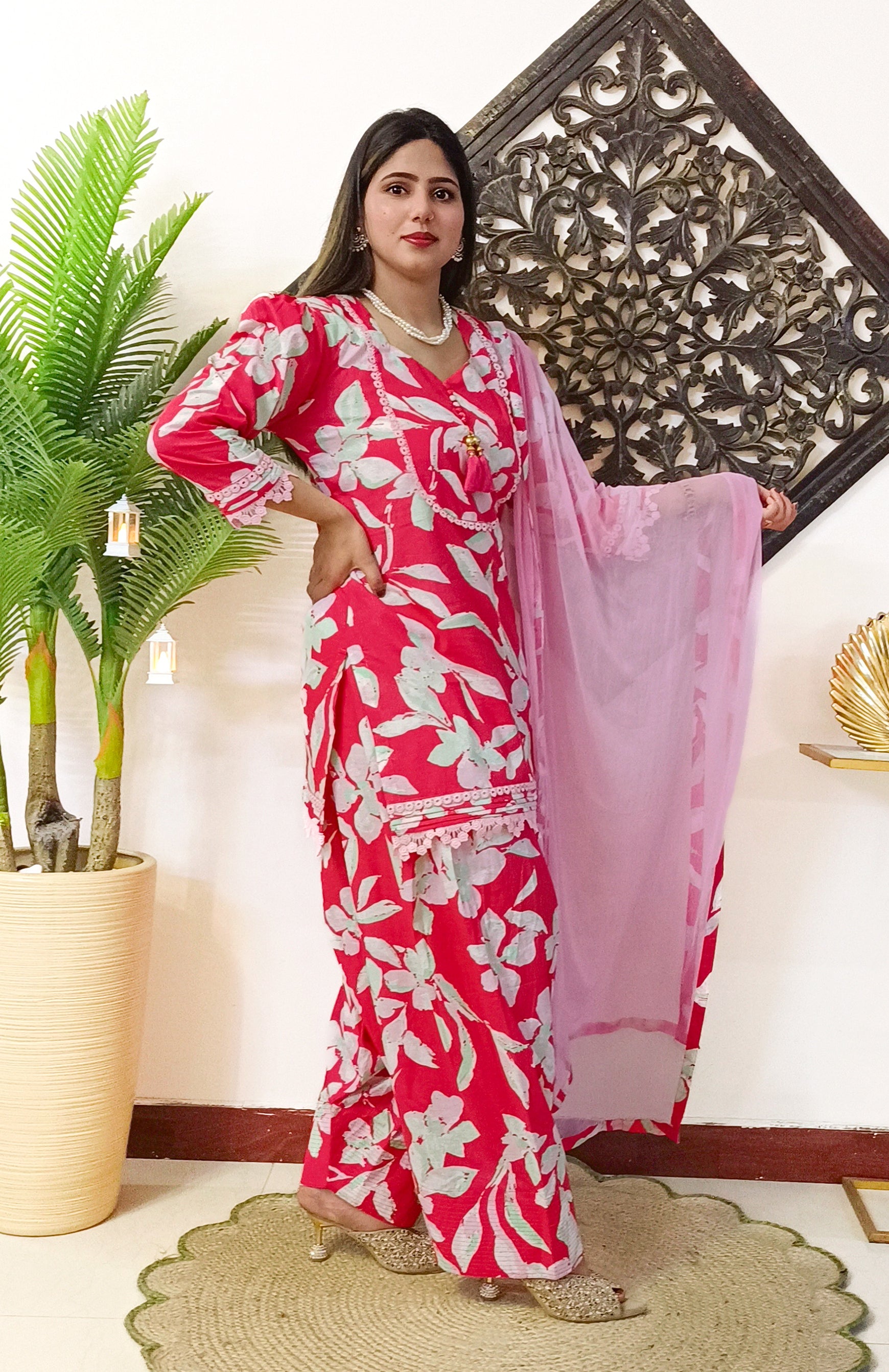 Pink Floral Lawn Cotton Farshi Salwar dress