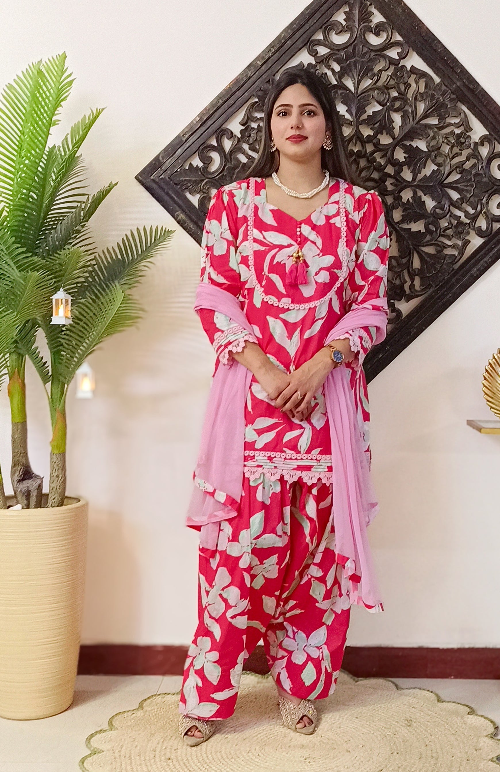 Pink Floral Lawn Cotton Farshi Salwar dress