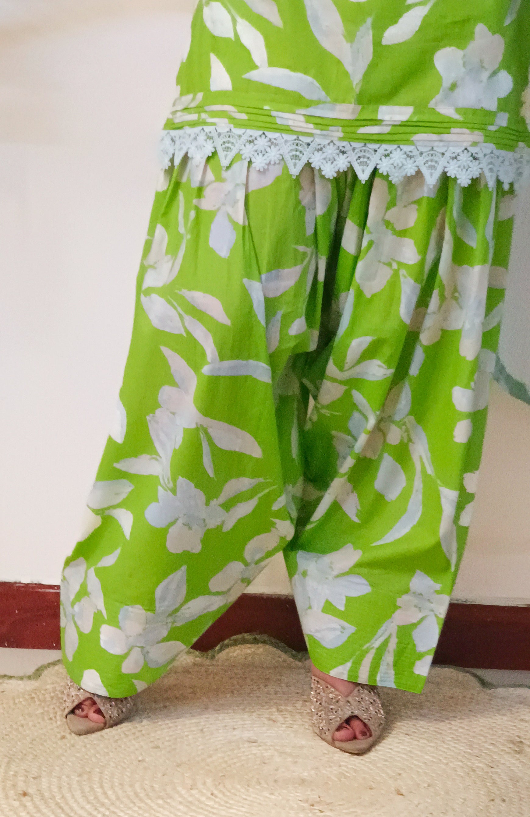 Floral Lawn Green Cotton Farshi Salwar Dress