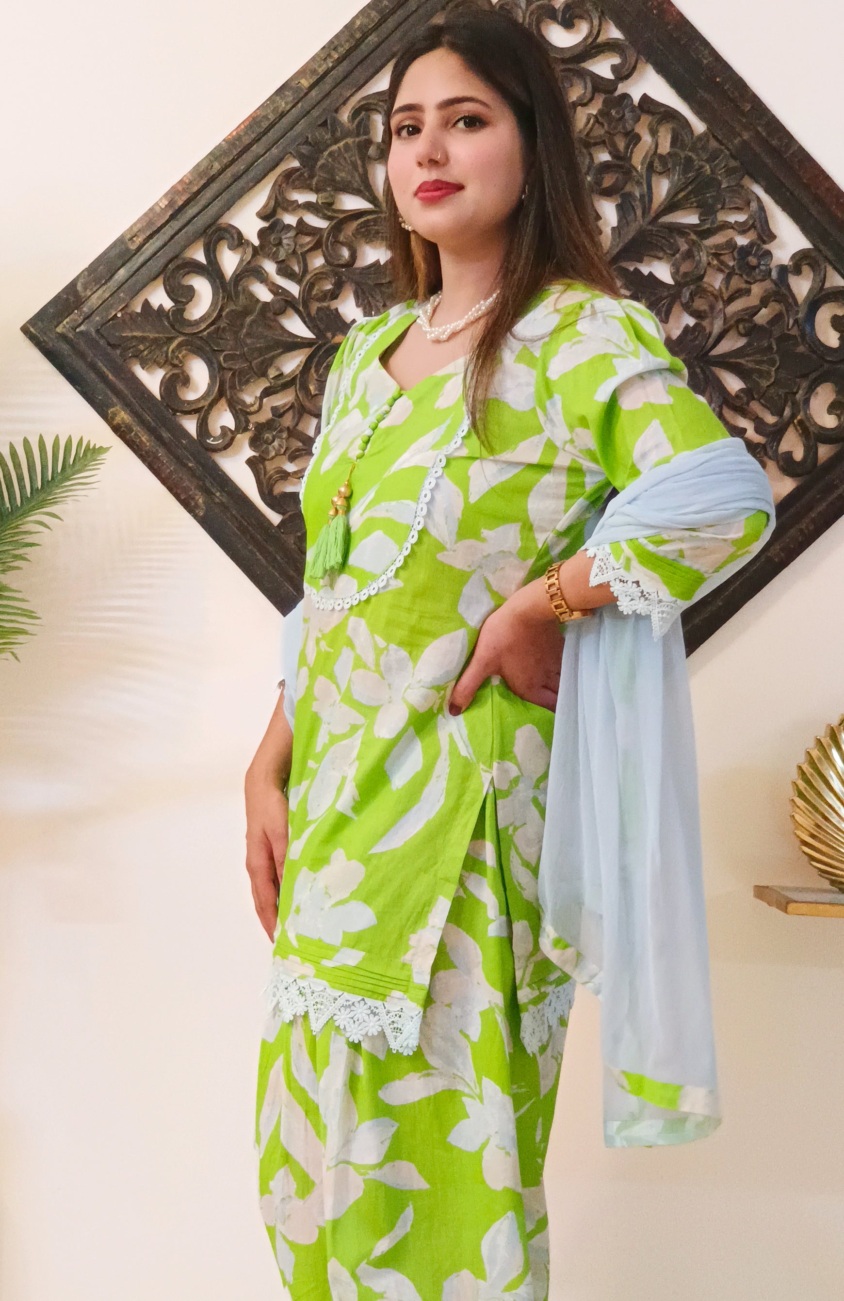 Floral Lawn Green Cotton Farshi Salwar Dress