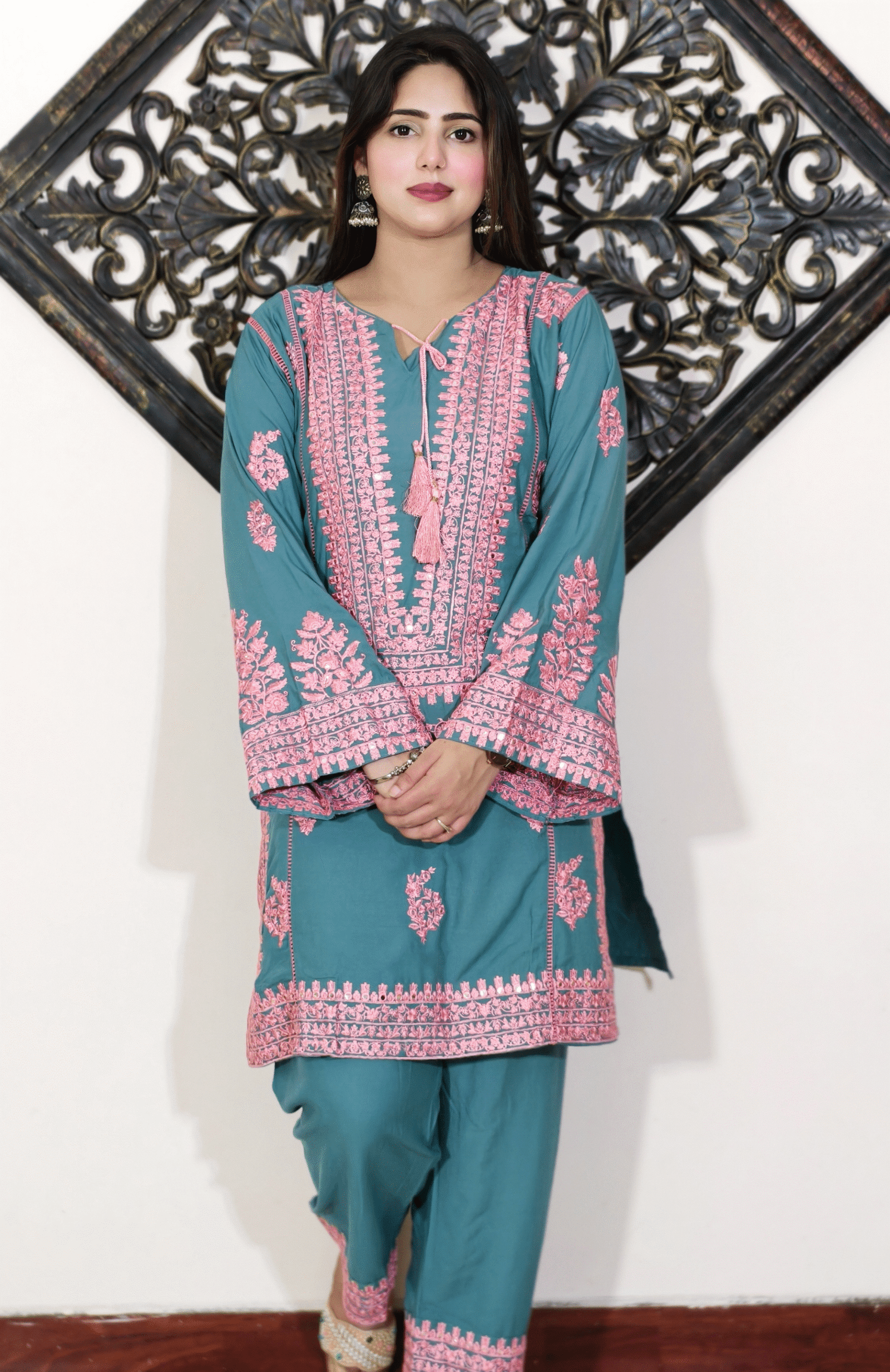Teal & Pink Embroidered Embroidered Pakistani Co-ord Set