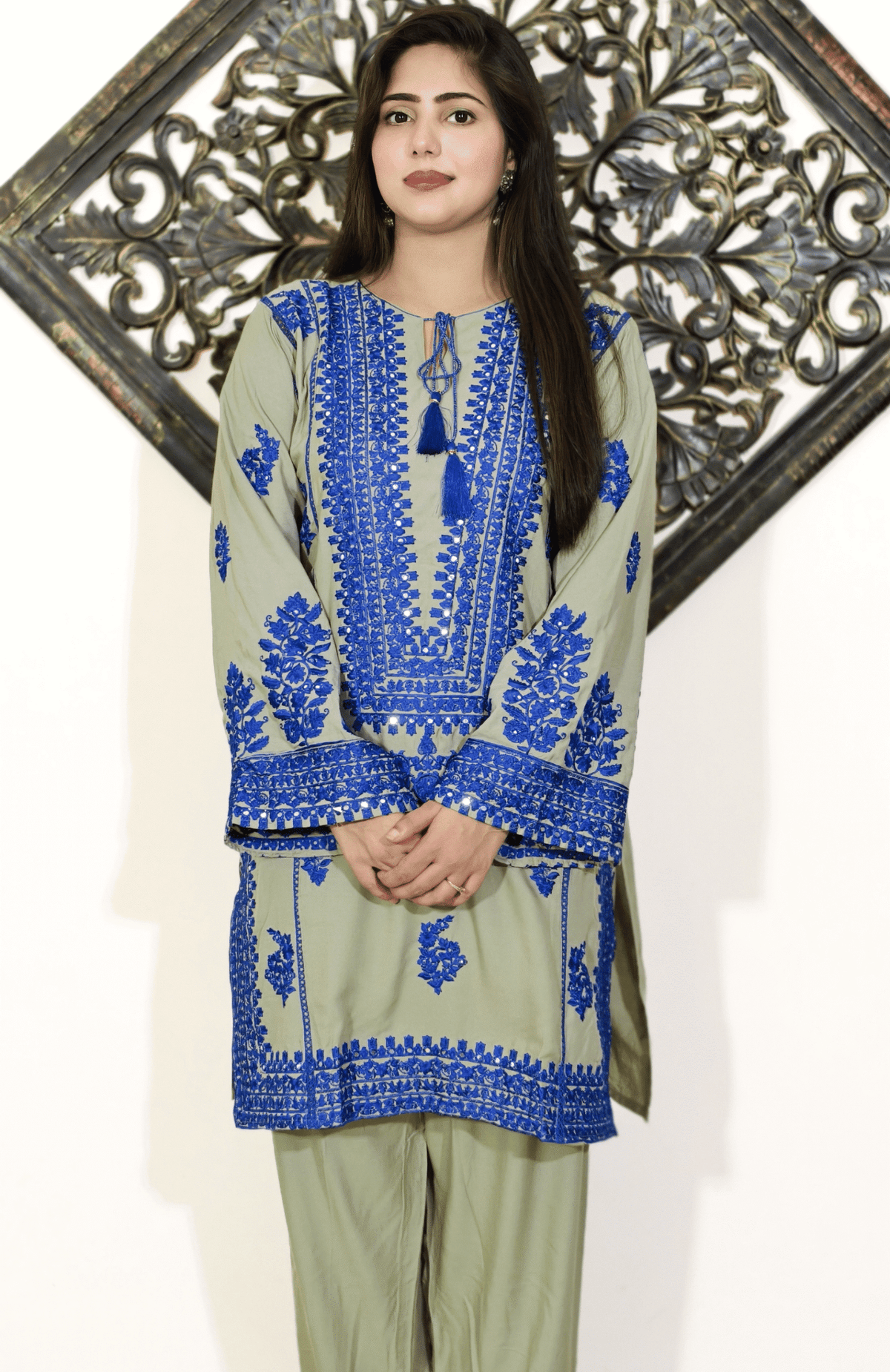 Pakistani Cod Set Sage Green & Royal Blue Embroidered Embroidered Pakistani Co-ord Set ...