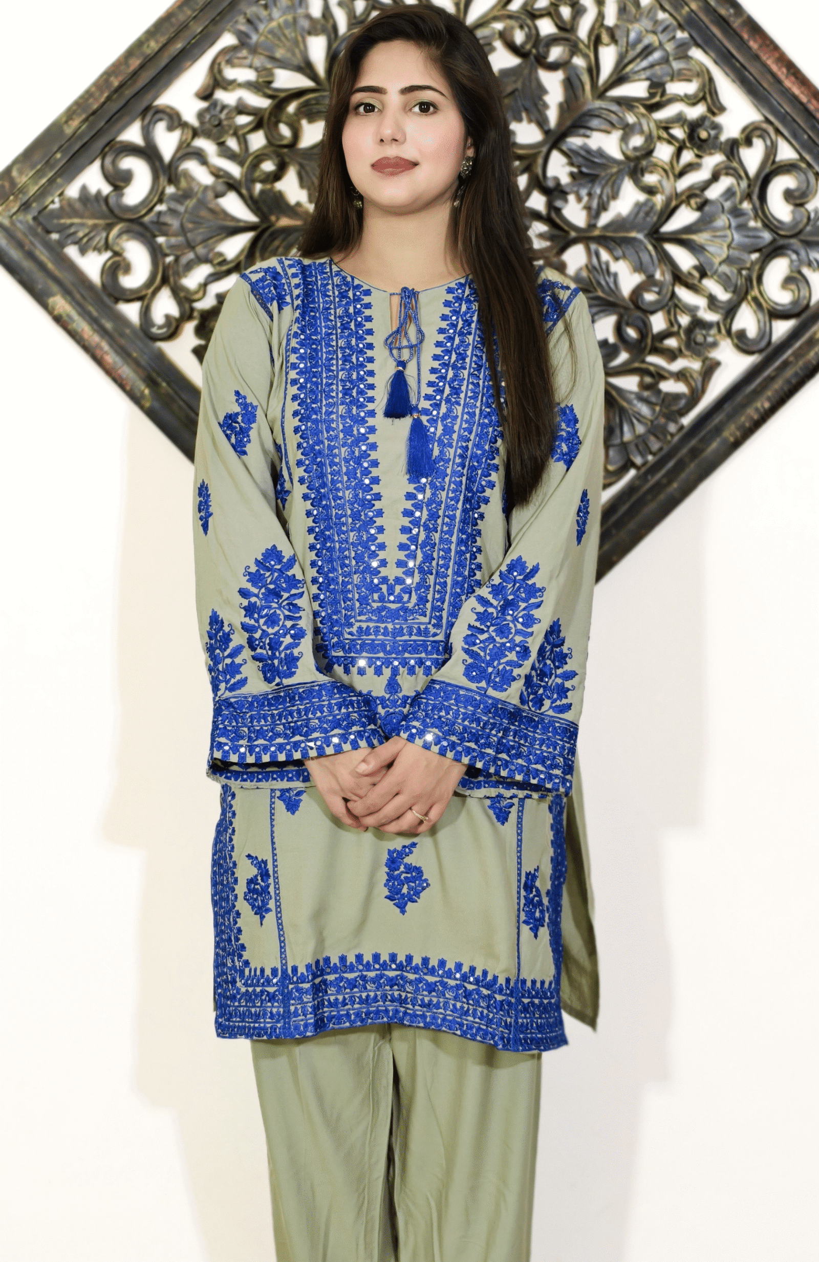 Sage Green & Royal Blue Embroidered Embroidered Pakistani Co-ord Set