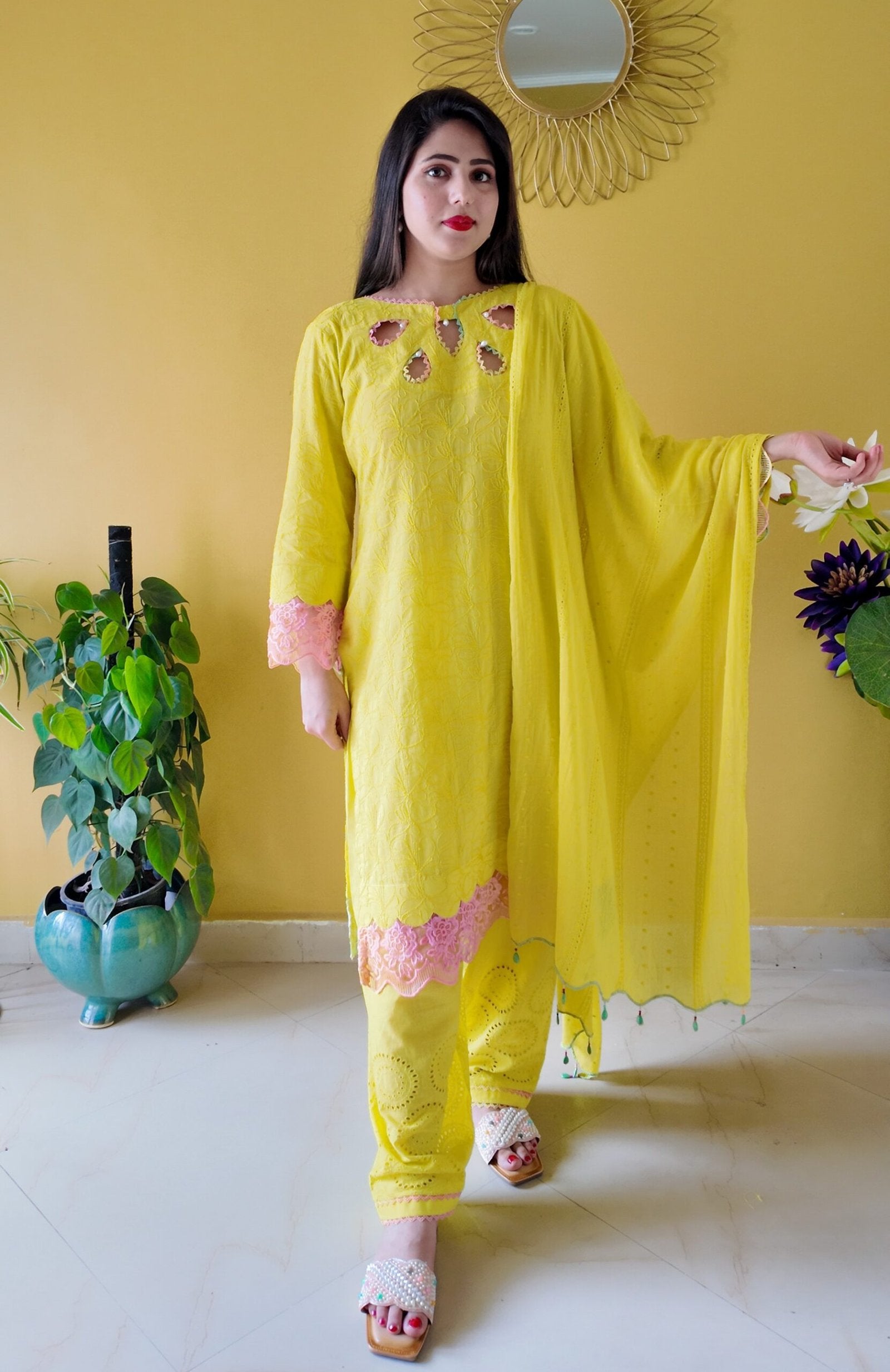 Bright Yellow Embroidered Mulmul Cotton 3-Piece Suit