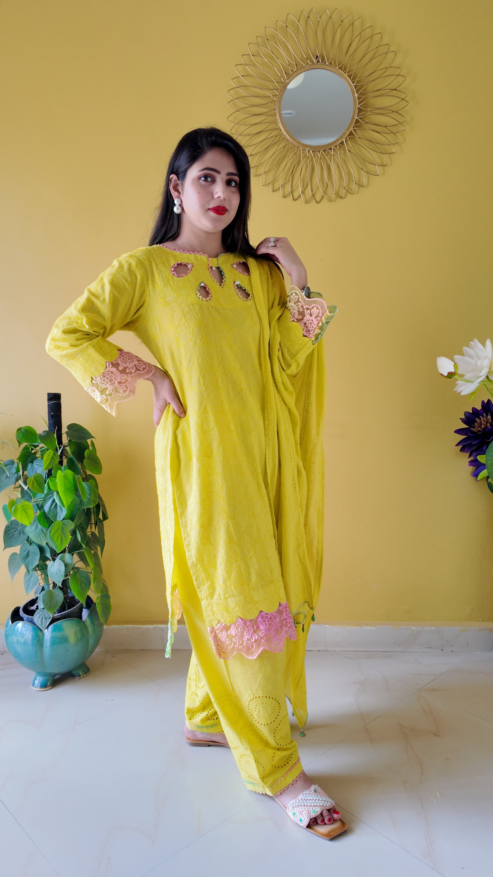 Bright Yellow Embroidered Mulmul Cotton 3-Piece Suit
