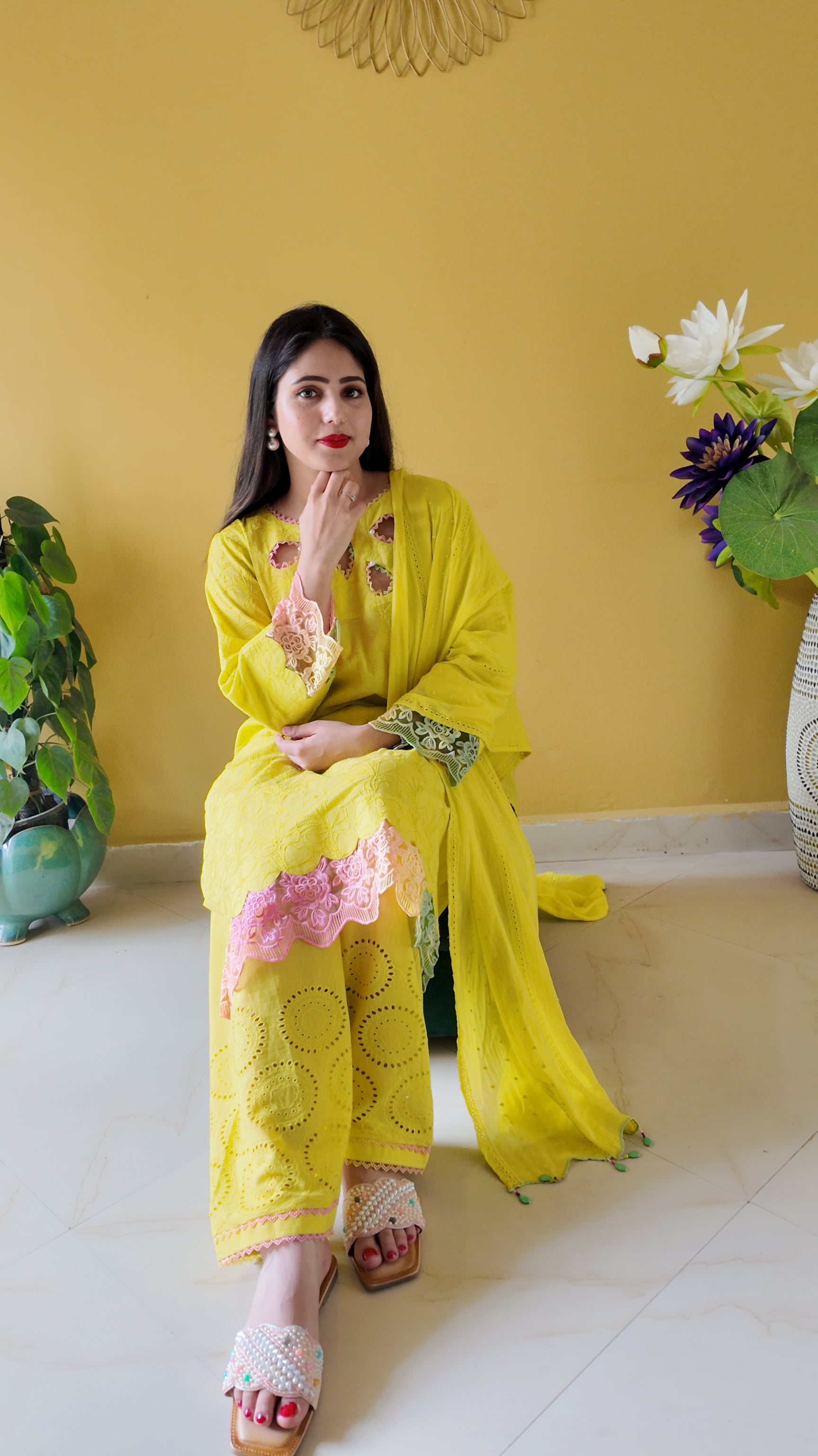 Bright Yellow Embroidered Mulmul Cotton 3-Piece Suit