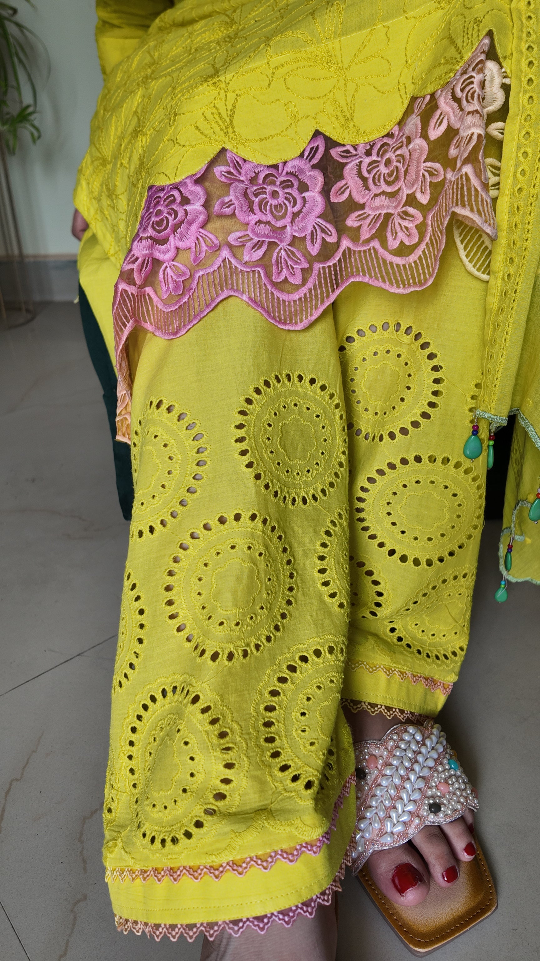 Bright Yellow Embroidered Mulmul Cotton 3-Piece Suit