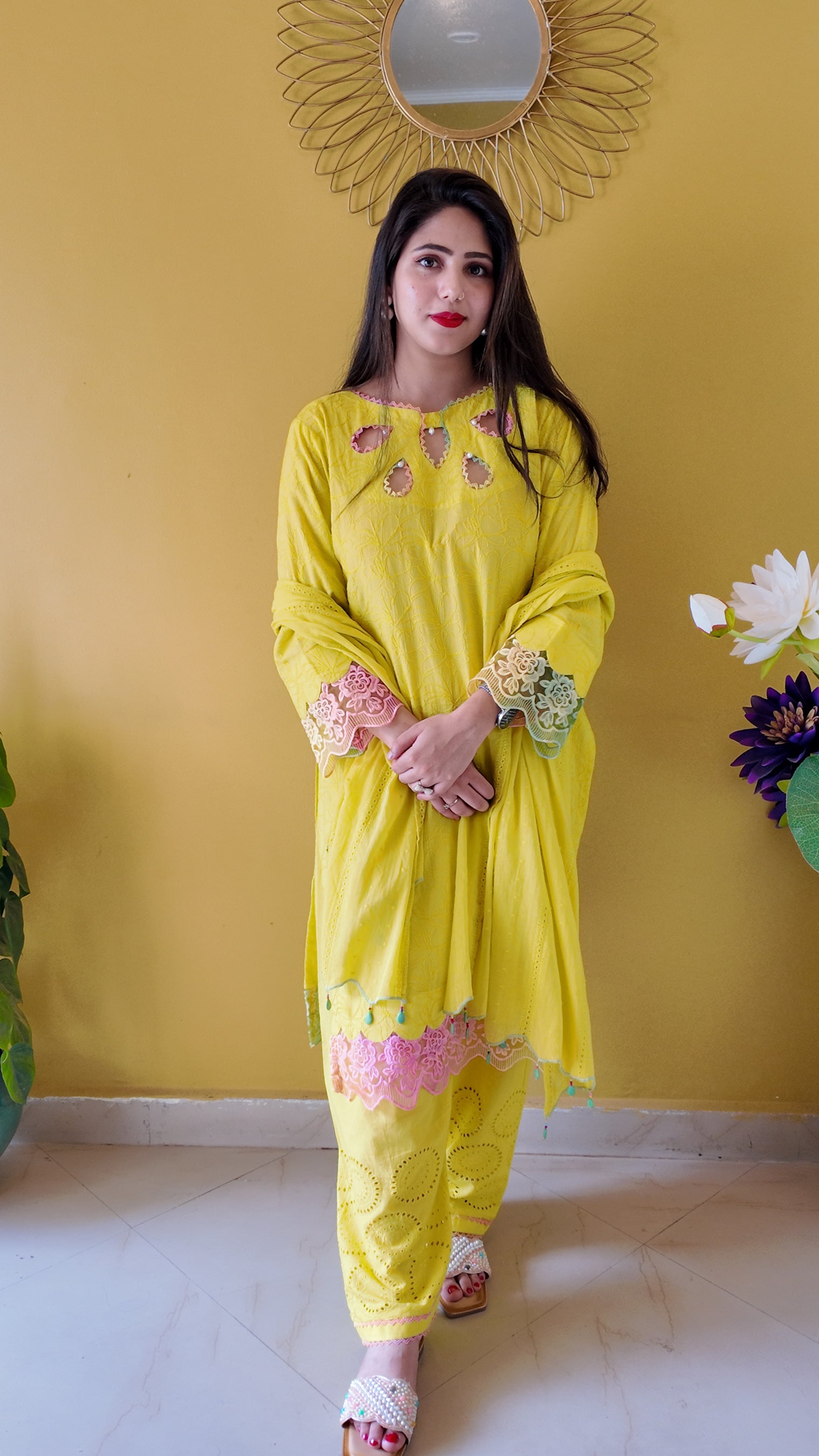 Bright Yellow Embroidered Mulmul Cotton 3-Piece Suit