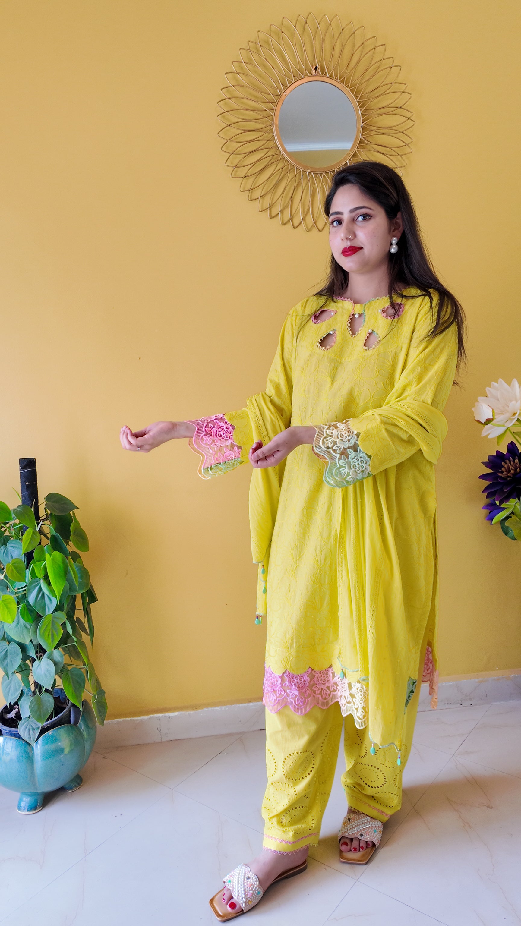 Bright Yellow Embroidered Mulmul Cotton 3-Piece Suit