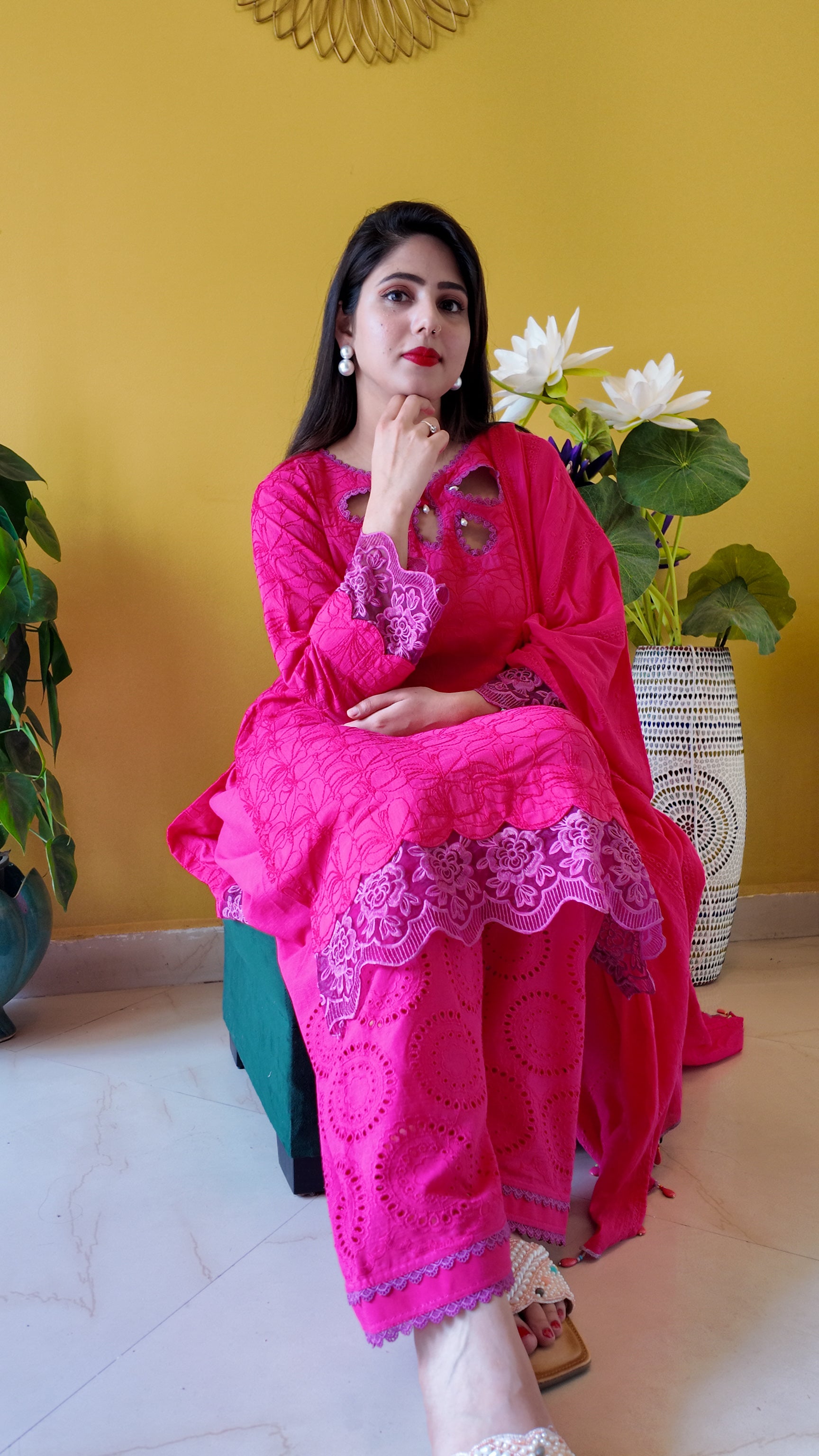 Hot Pink Embroidered Mulmul Cotton 3-Piece Suit