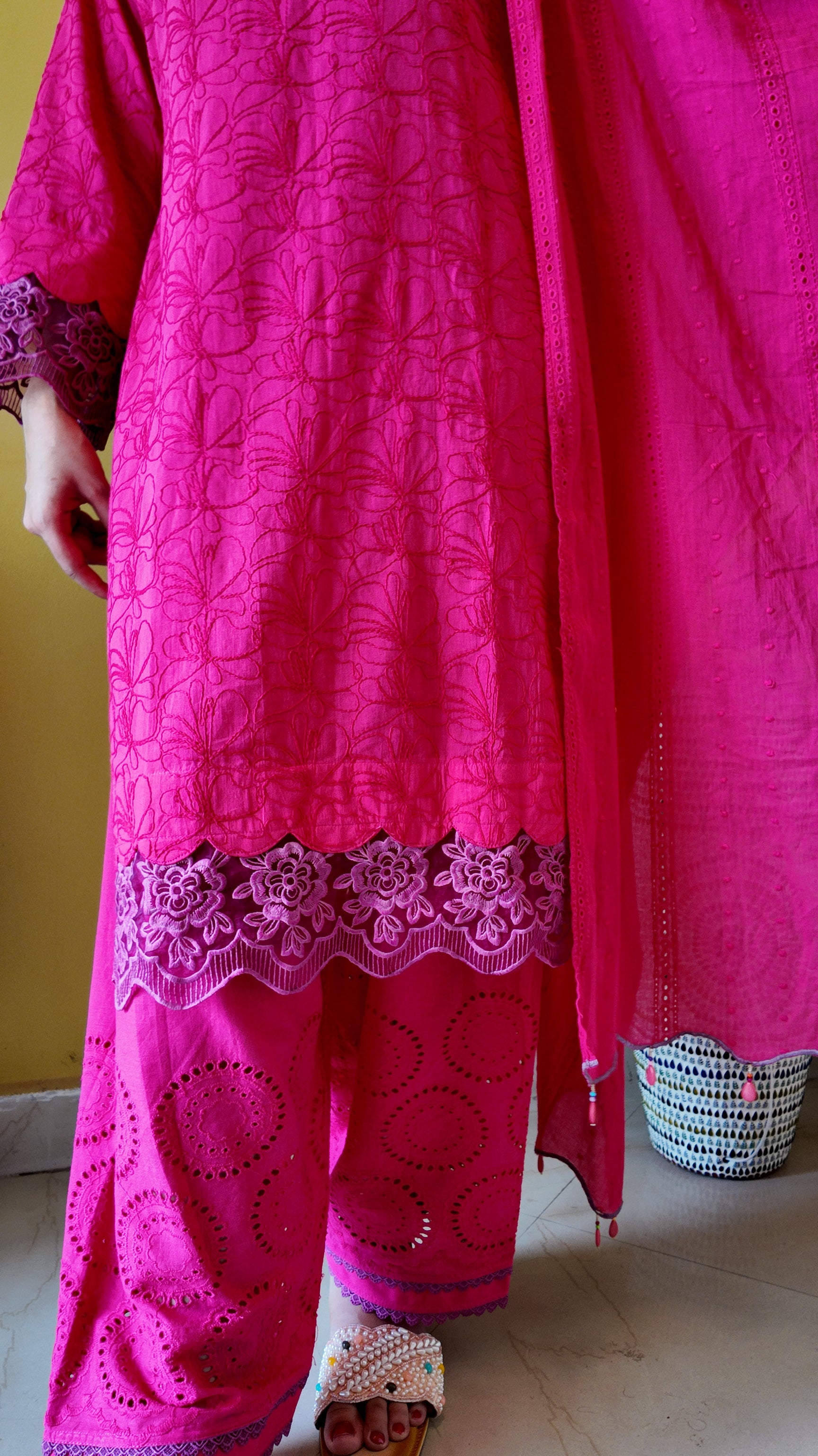 Hot Pink Embroidered Mulmul Cotton 3-Piece Suit