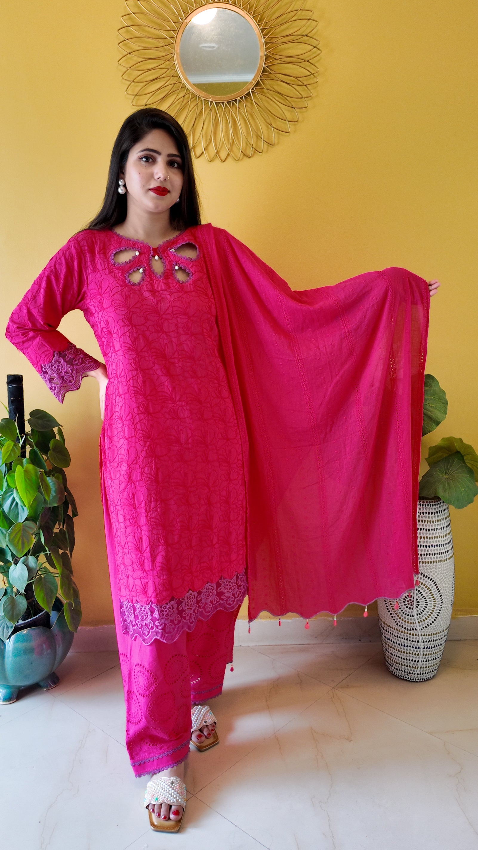 Hot Pink Embroidered Mulmul Cotton 3-Piece Suit