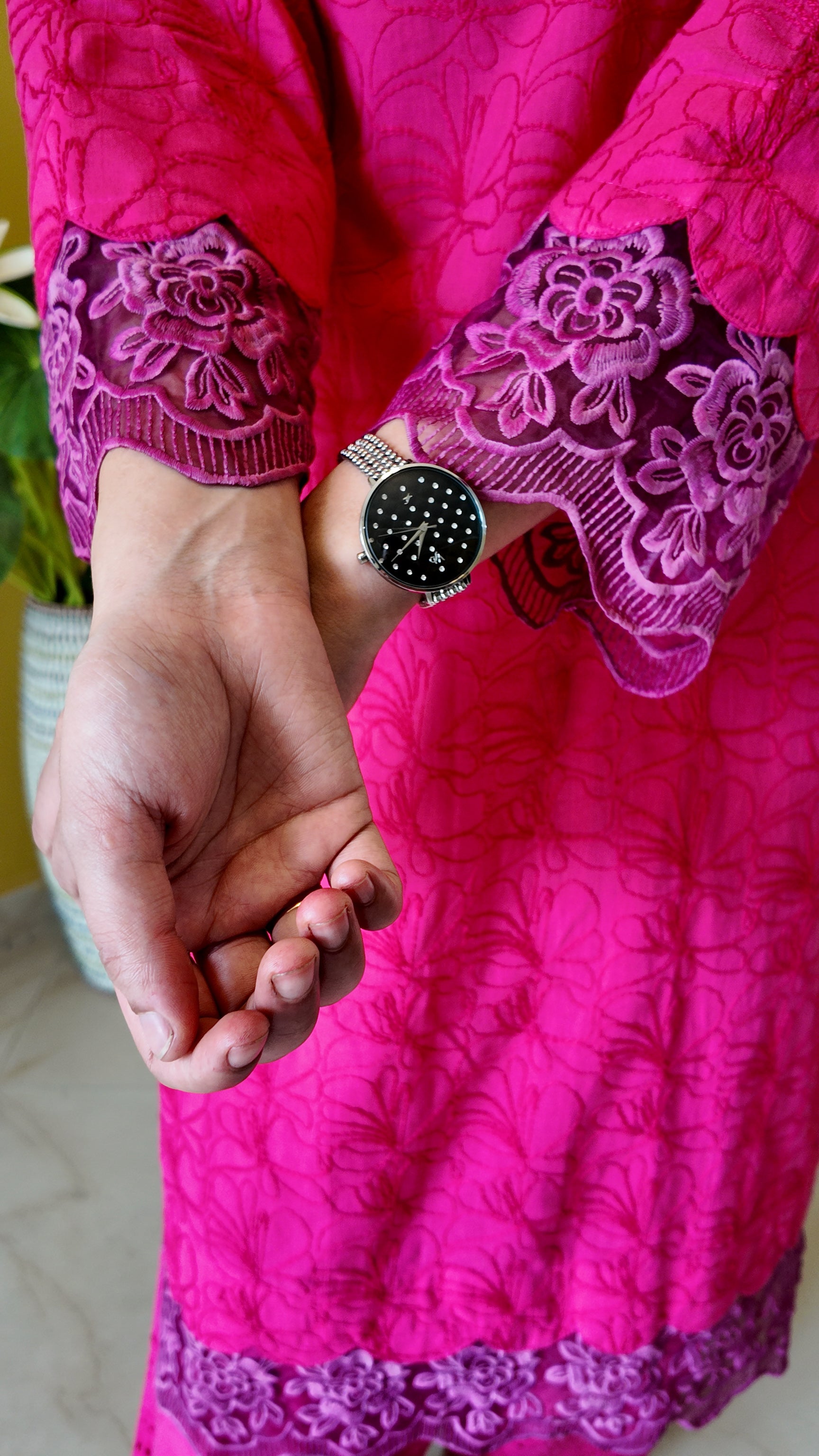 Hot Pink Embroidered Mulmul Cotton 3-Piece Suit
