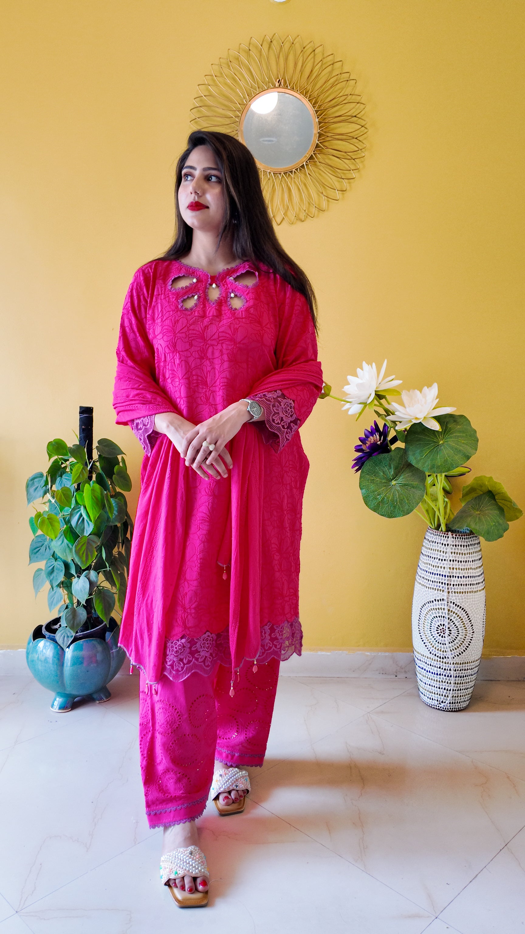 Hot Pink Embroidered Mulmul Cotton 3-Piece Suit
