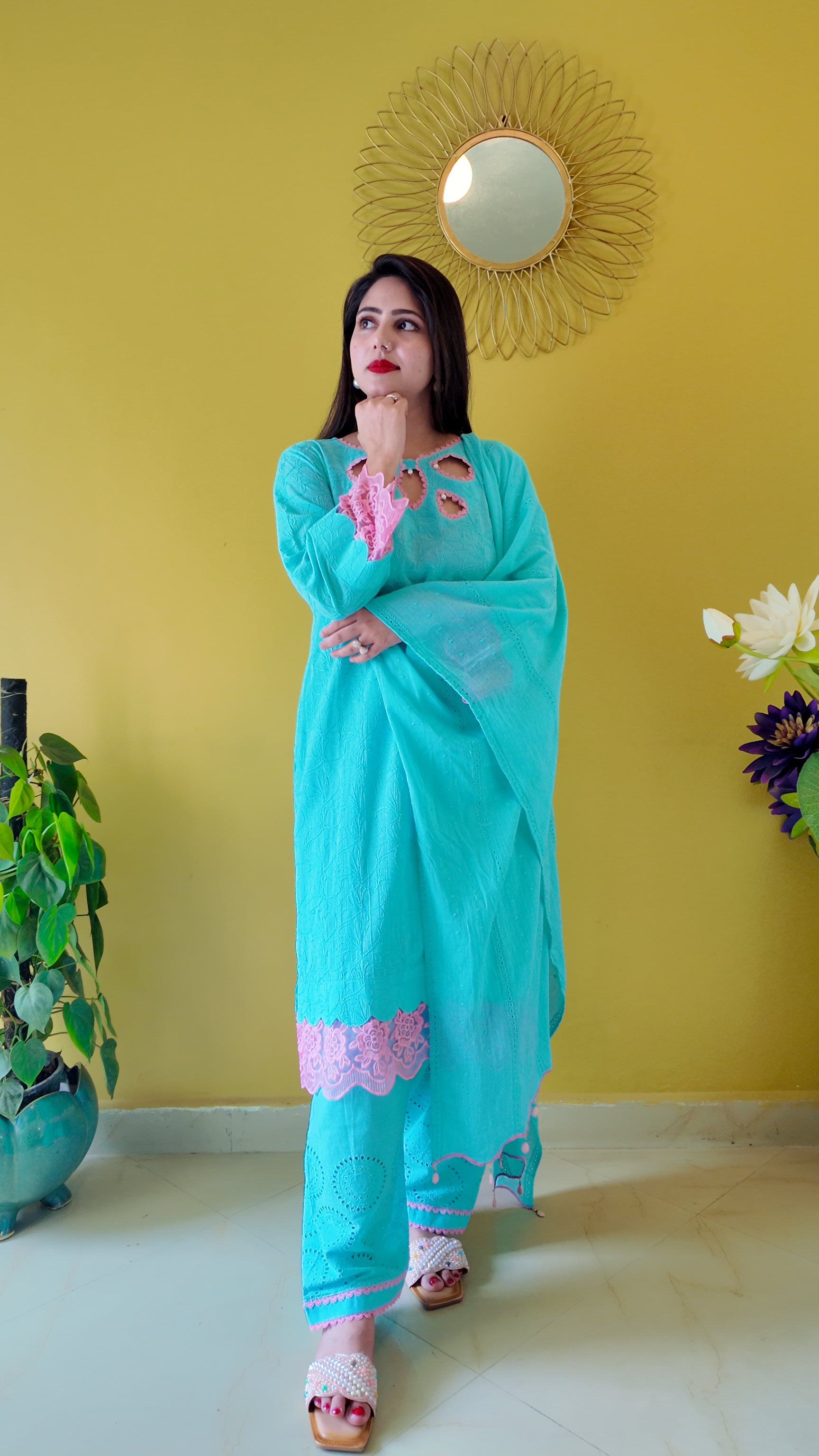 Aqua Blue Embroidered Mulmul Cotton 3-Piece Suit
