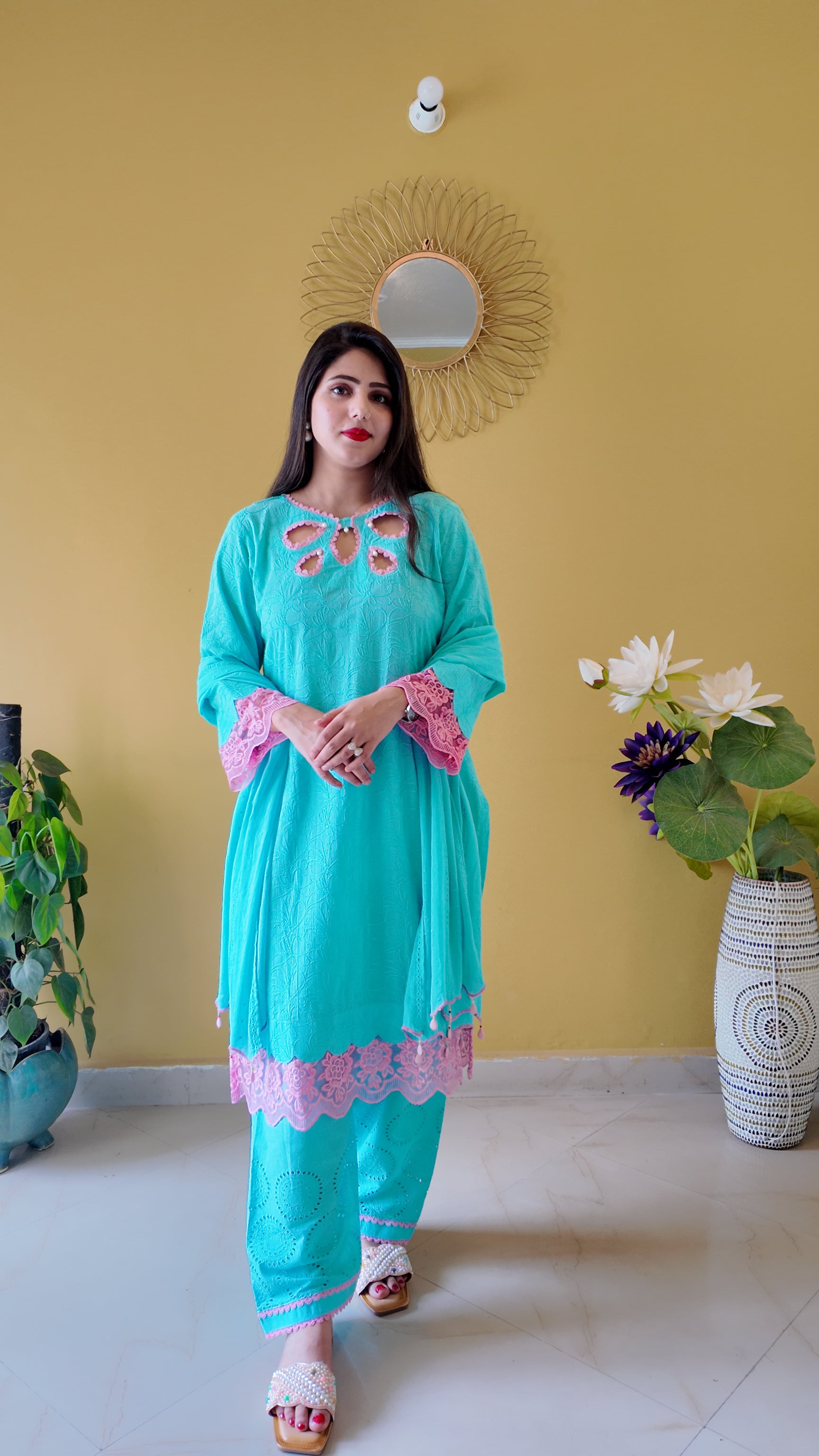 Aqua Blue Embroidered Mulmul Cotton 3-Piece Suit