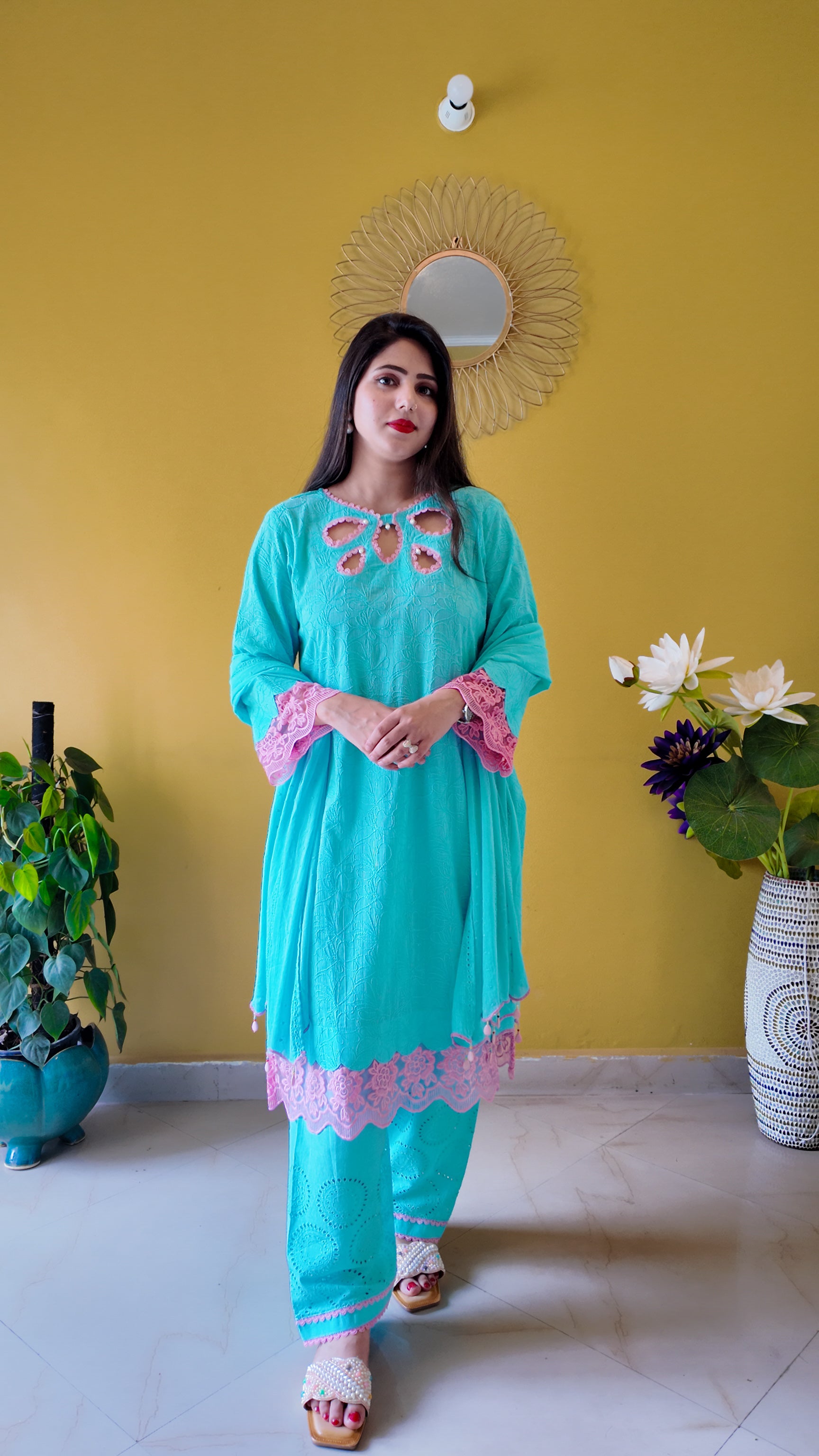 Aqua Blue Embroidered Mulmul Cotton 3-Piece Suit