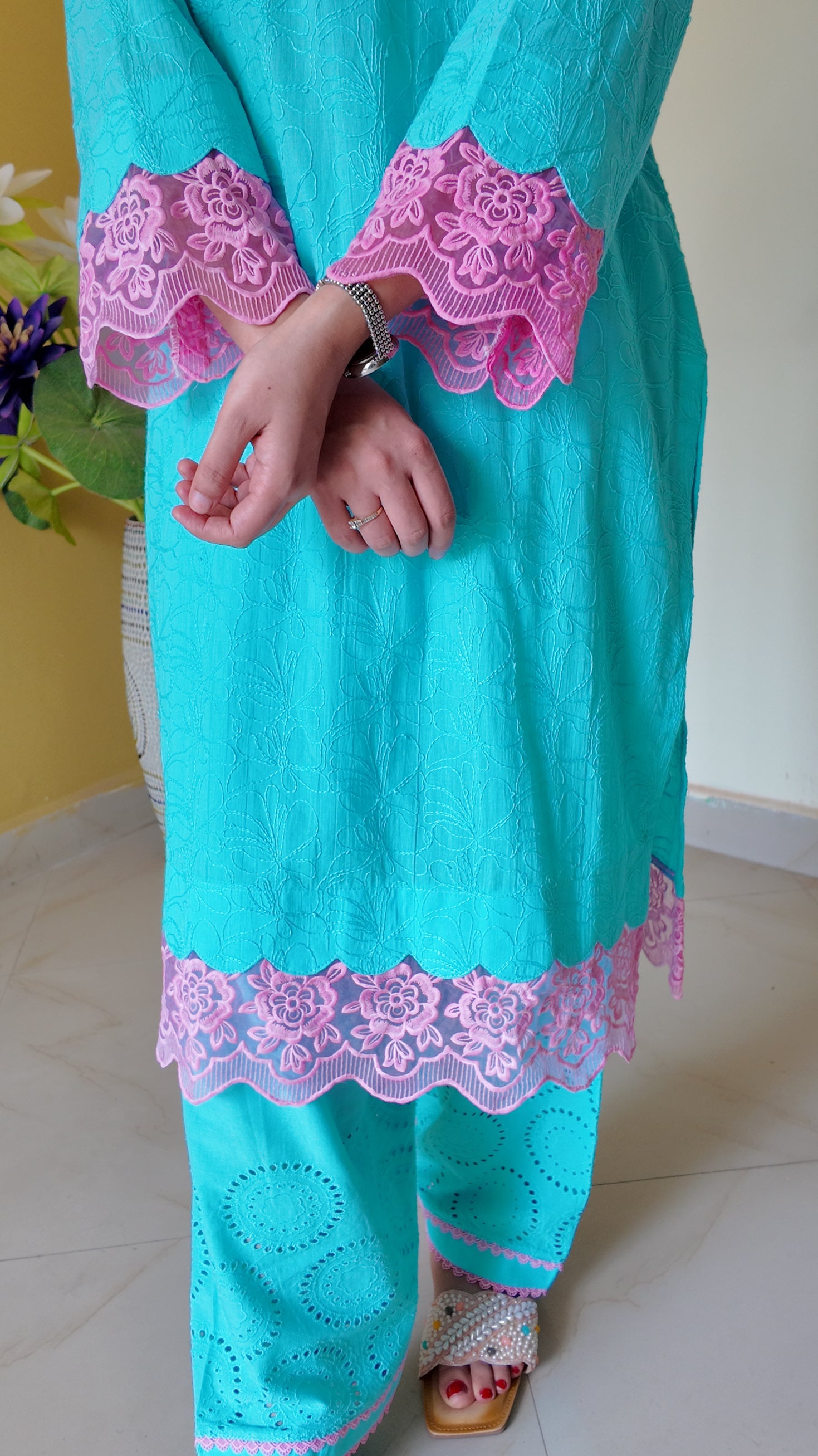 Aqua Blue Embroidered Mulmul Cotton 3-Piece Suit