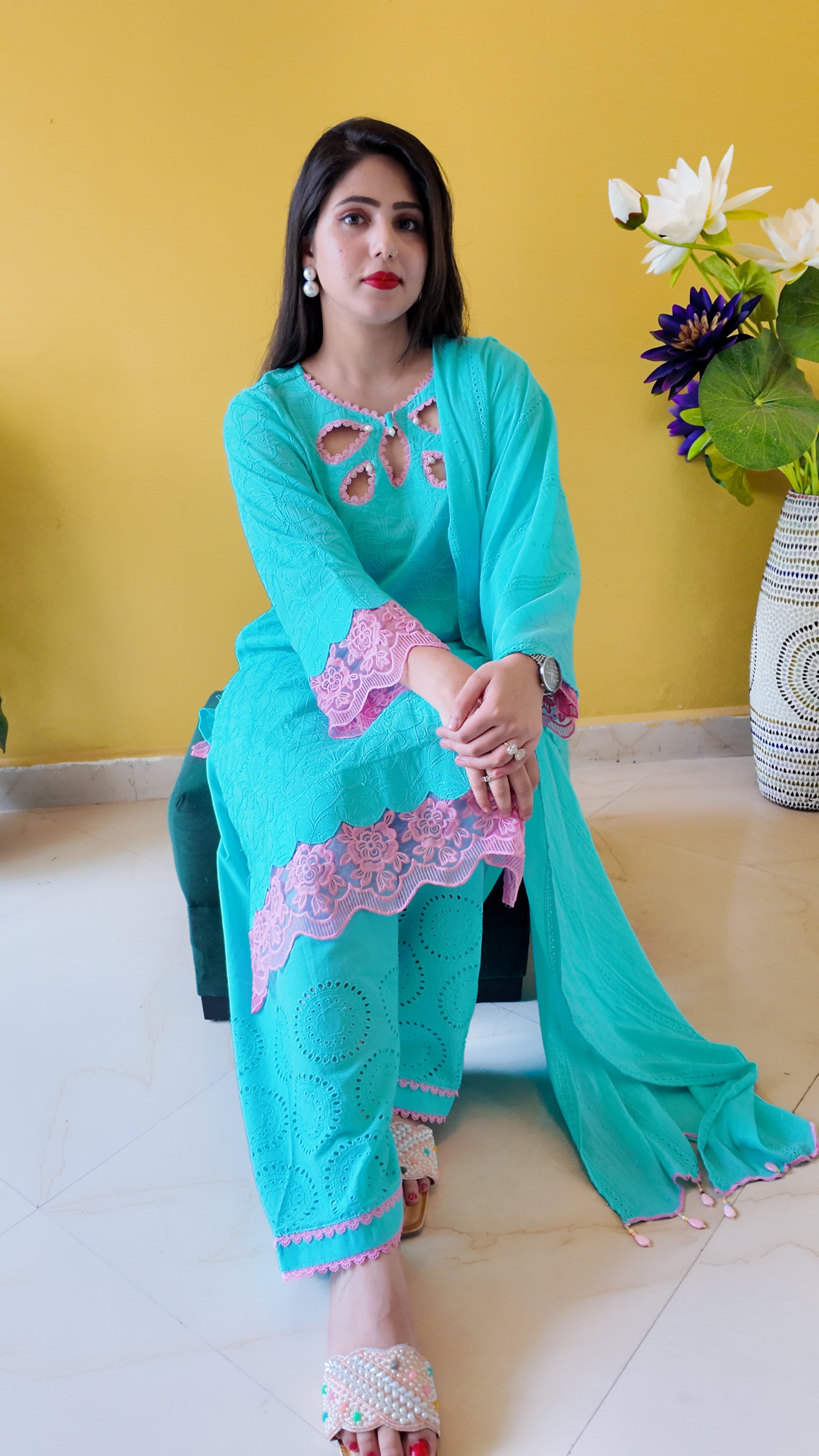 Aqua Blue Embroidered Mulmul Cotton 3-Piece Suit